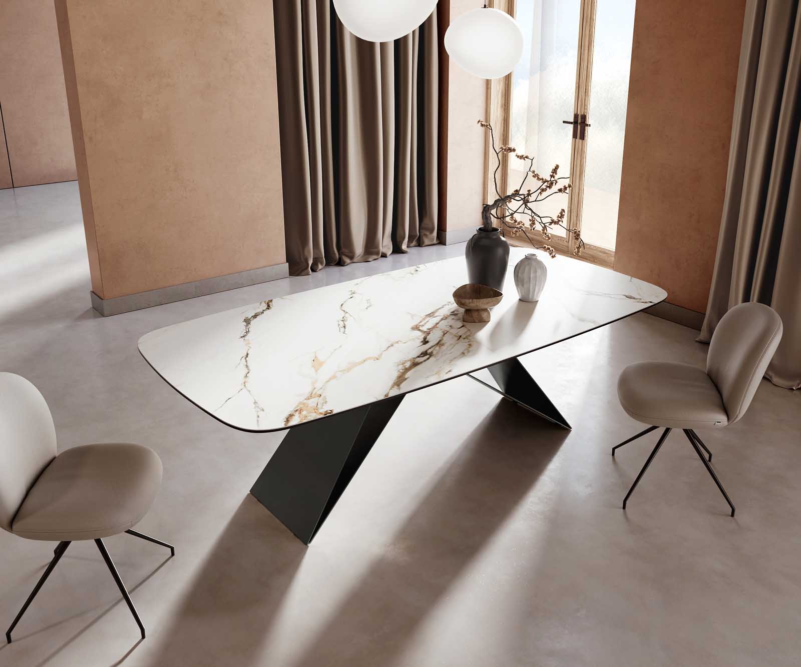 Table à manger Edge en forme de bateau 240x120 céramique Calacatta Luxe blanc-doré-gris cadre en V acier plat noir 4
