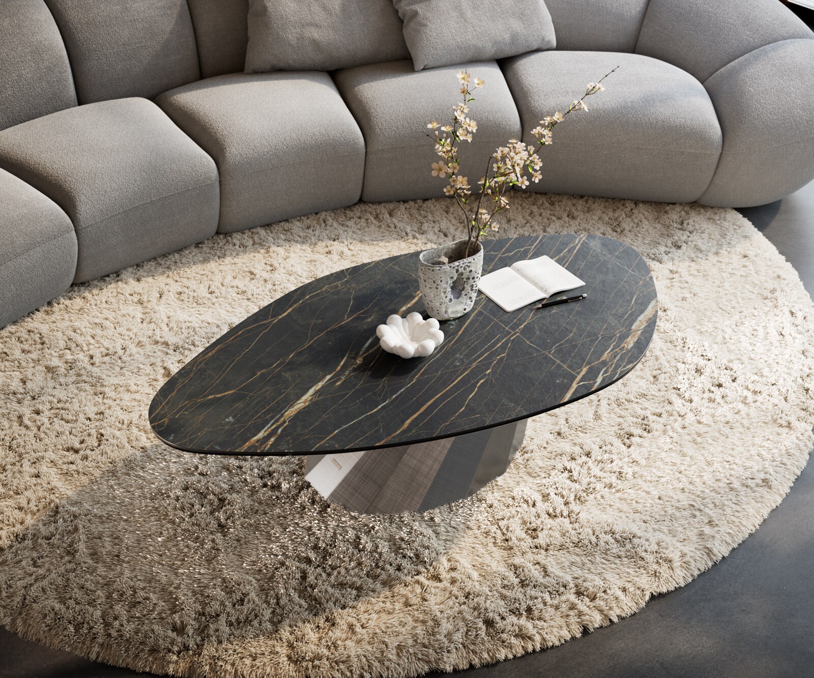 Table basse Edge Organique 140x76 cm céramique Laminam® Noir Desir brun Parabi argent métallique 4