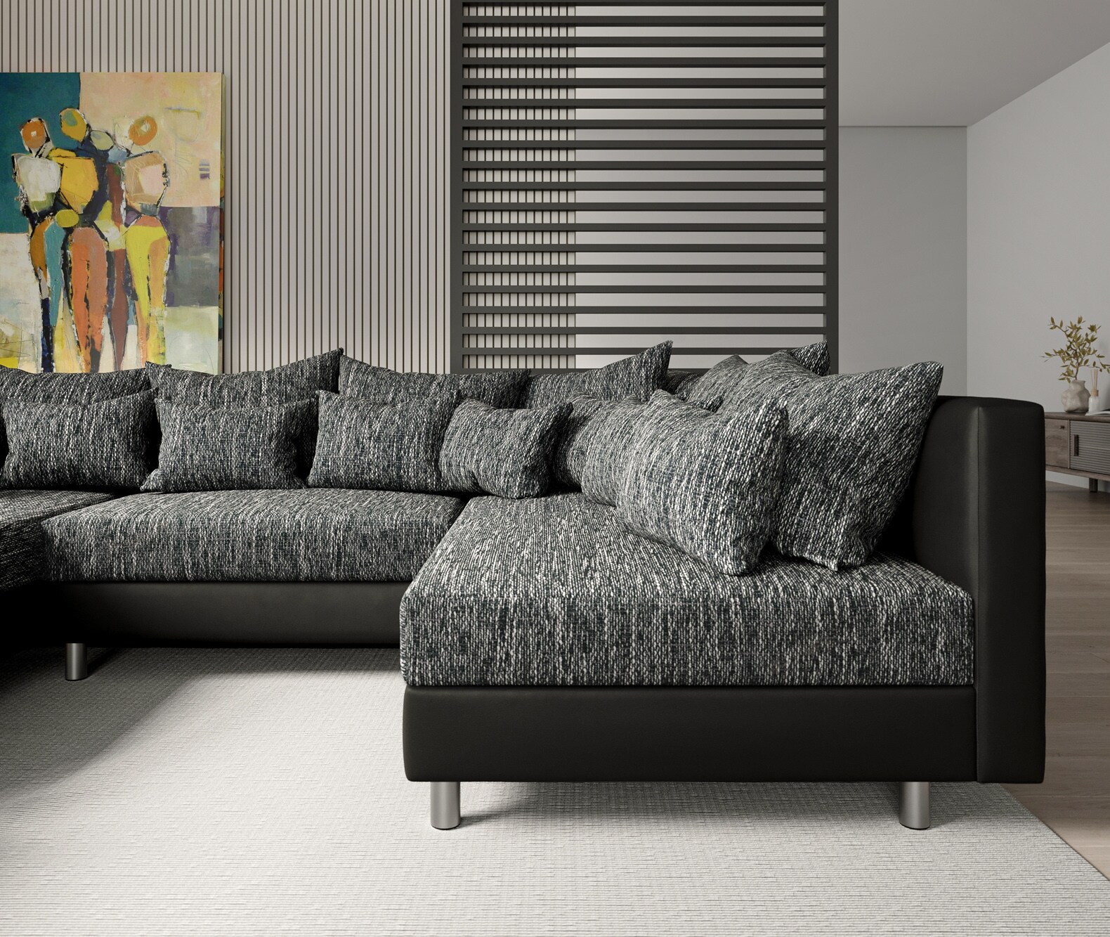 Canapé-panoramique Clovis Noir modulable avec tabouret  4