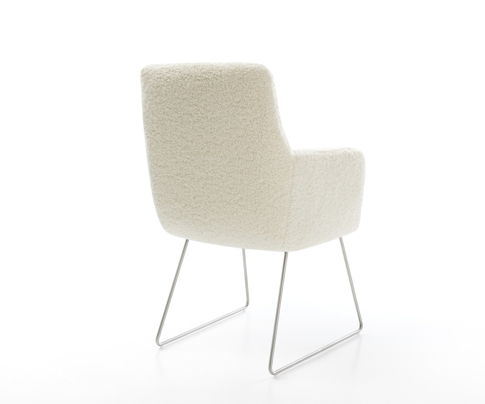 Chaise-de-salle-à-manger Heira-Flex avec accoudoirs tissu teddy beige pied trapèze acier inoxydable resorts ensachés 5