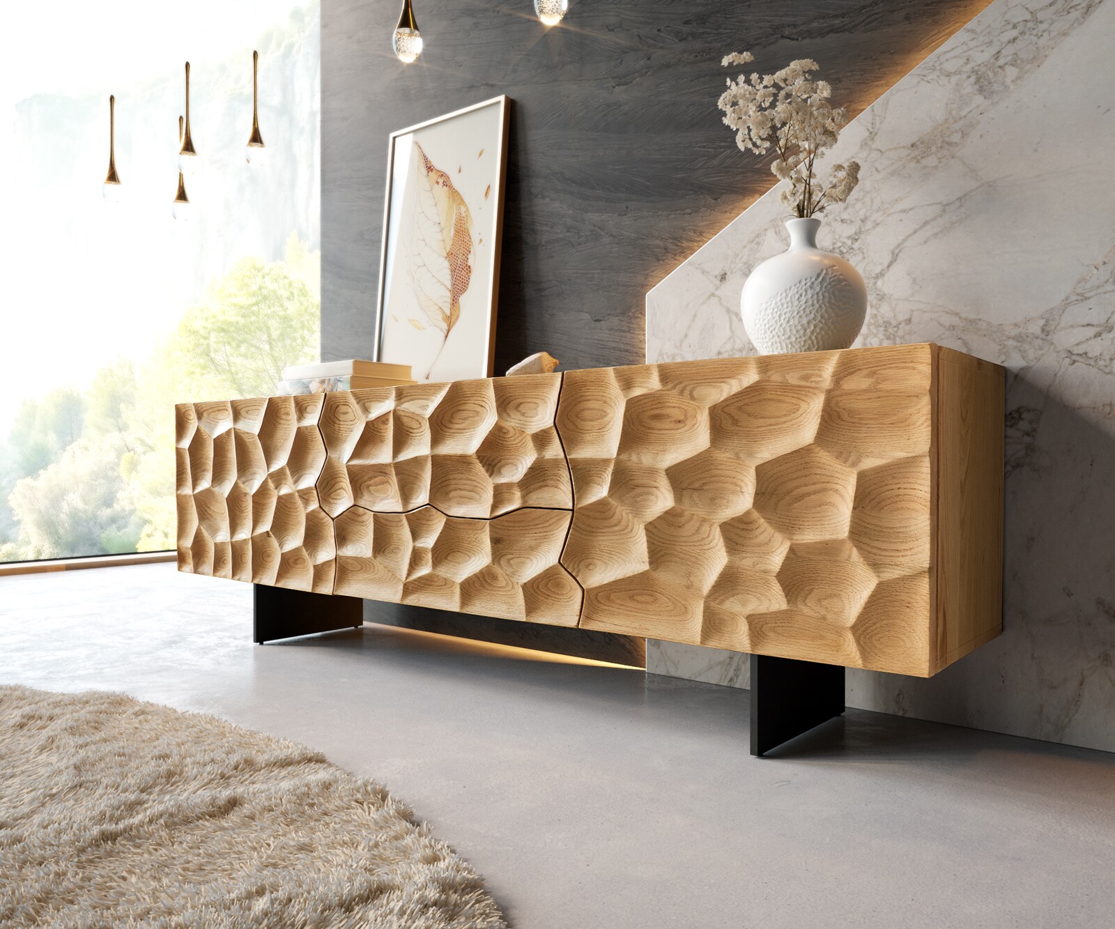 Meuble TV Solu 175 cm en chêne naturel 2 portes 2 tiroirs Pieds en métal noir face avant 3D.