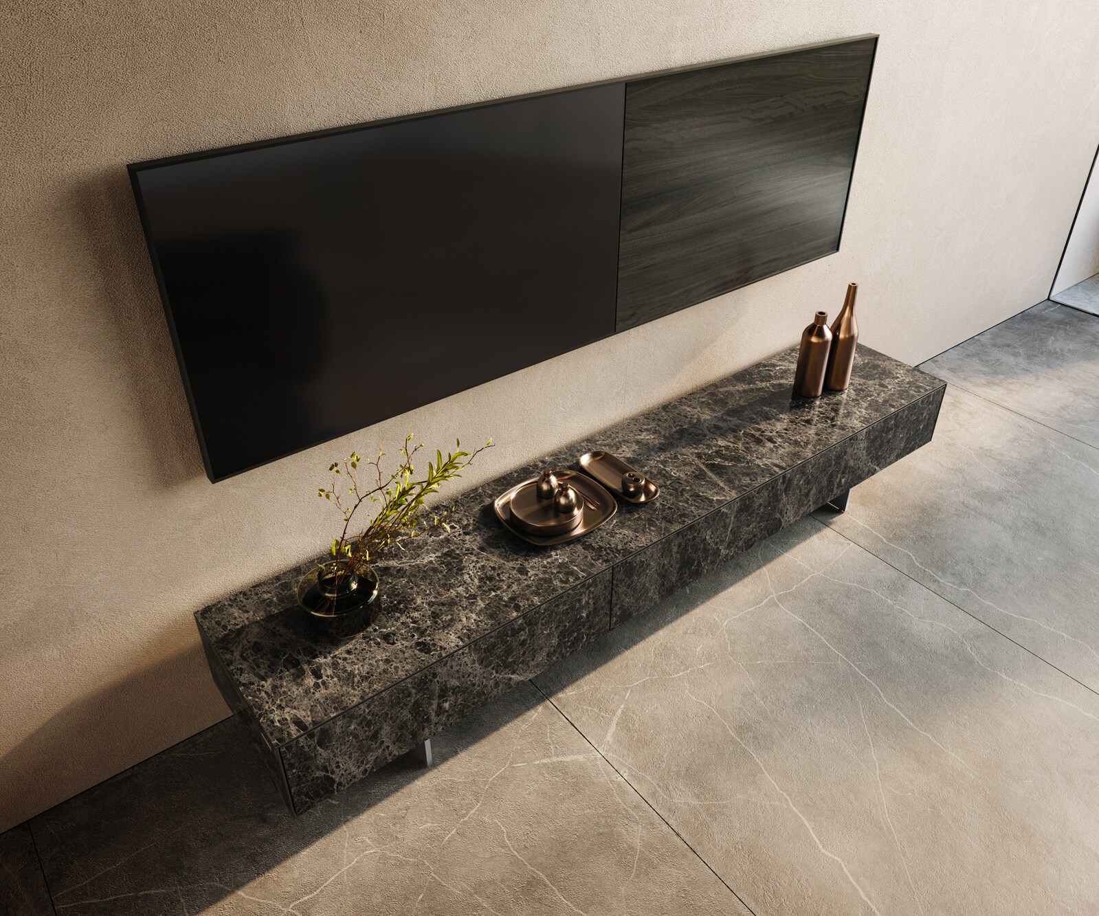 Meuble-TV Cuor 200 cm Céramique Emperador Extra Lucidato brun foncé 1 Clapet 1 Tiroir Pied optique flottant Ancier inoxydable 3