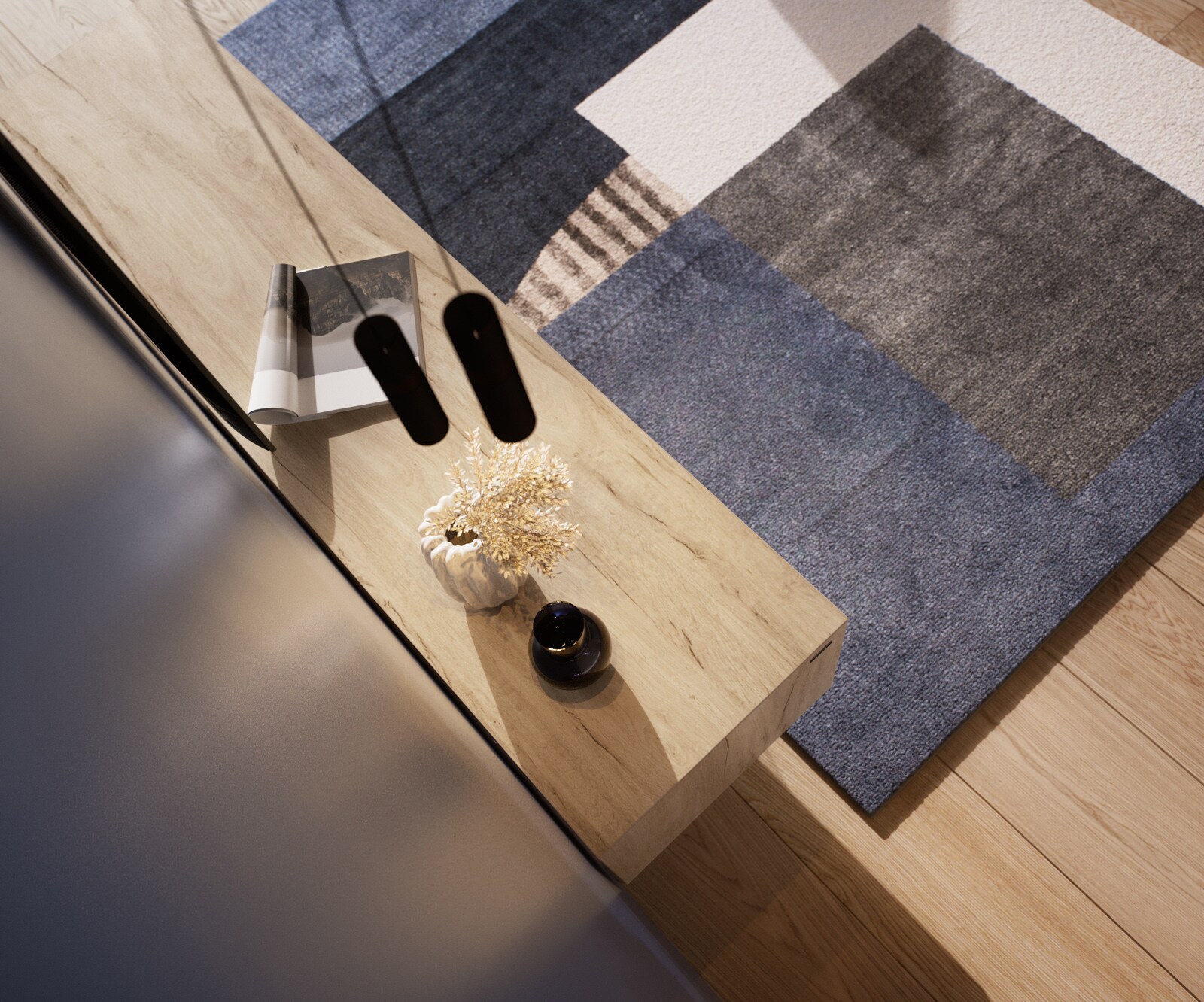 Meuble-TV Cuor 180 cm Céramique Laminam® Sabbia Teinte chêne 1 Clapet 2 Tiroirs Pied optique flottant Métal Noir 6