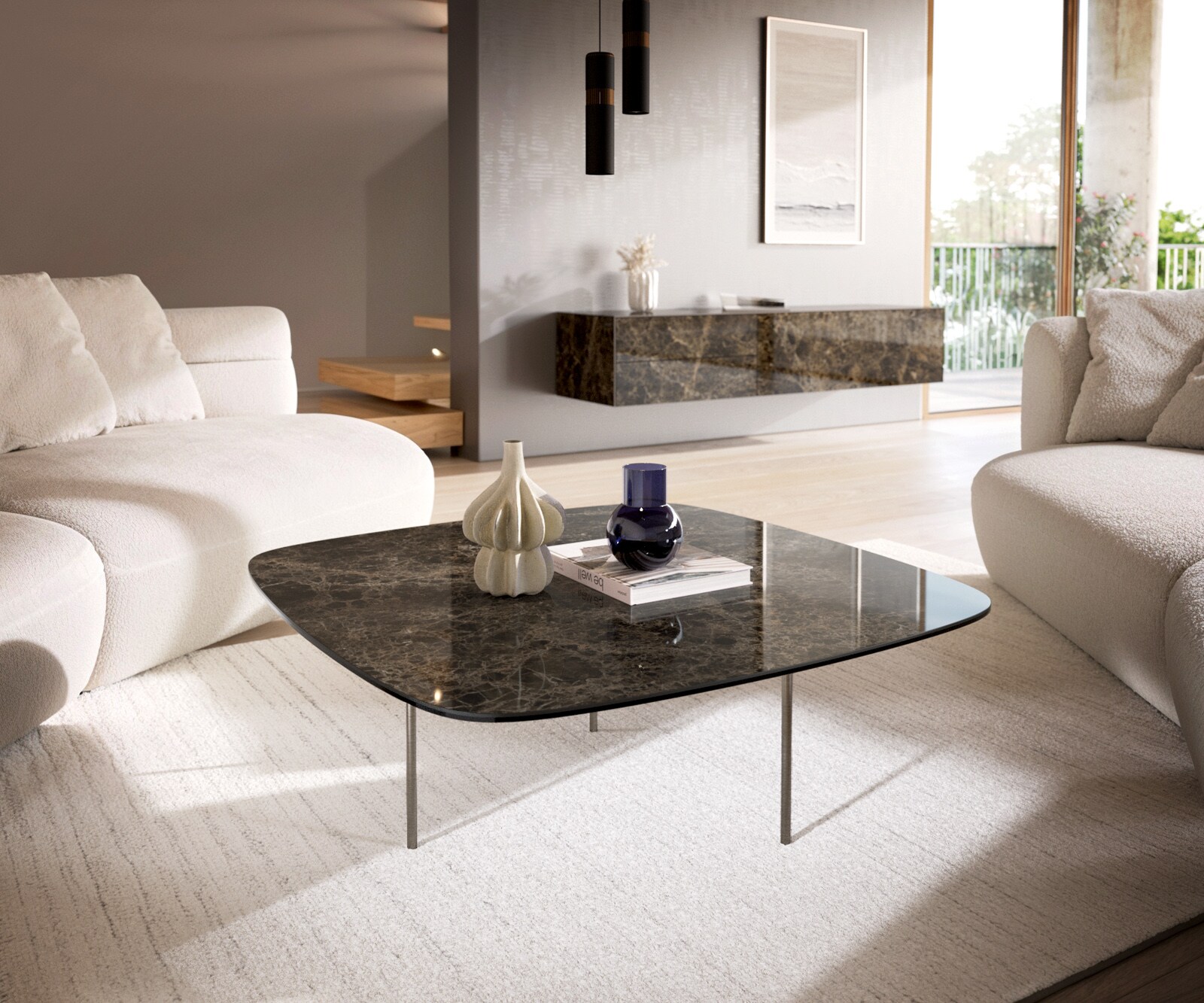 Table basse Edge Boot 90x90 cm céramique Laminam® Emperador Extra Lucidato brun foncé Trive acier inoxydable brossé