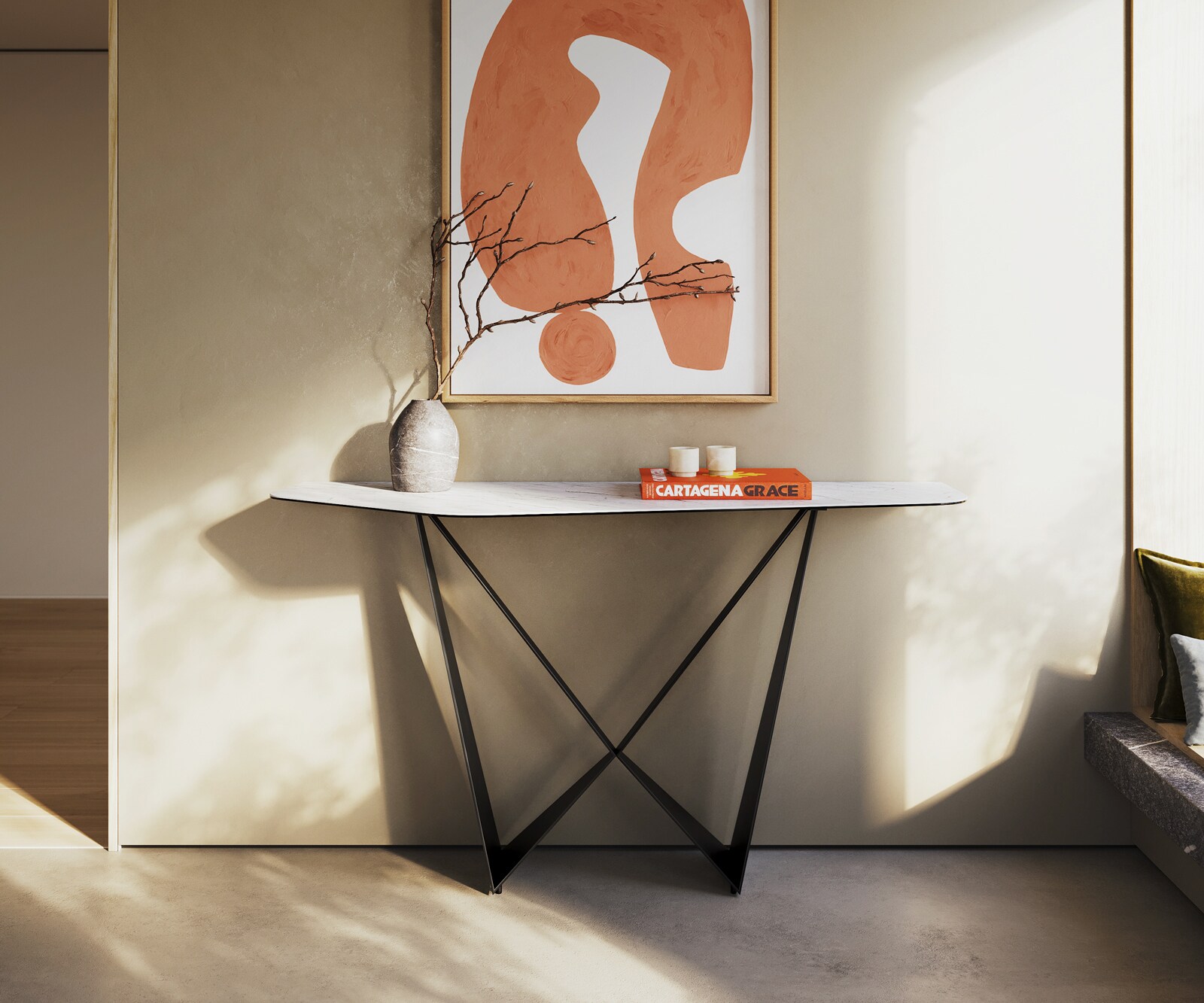 Console Edge Polygonal 140x50 cm Céramique Laminam® Statuarietto Weiß Spios Métal Noir 1
