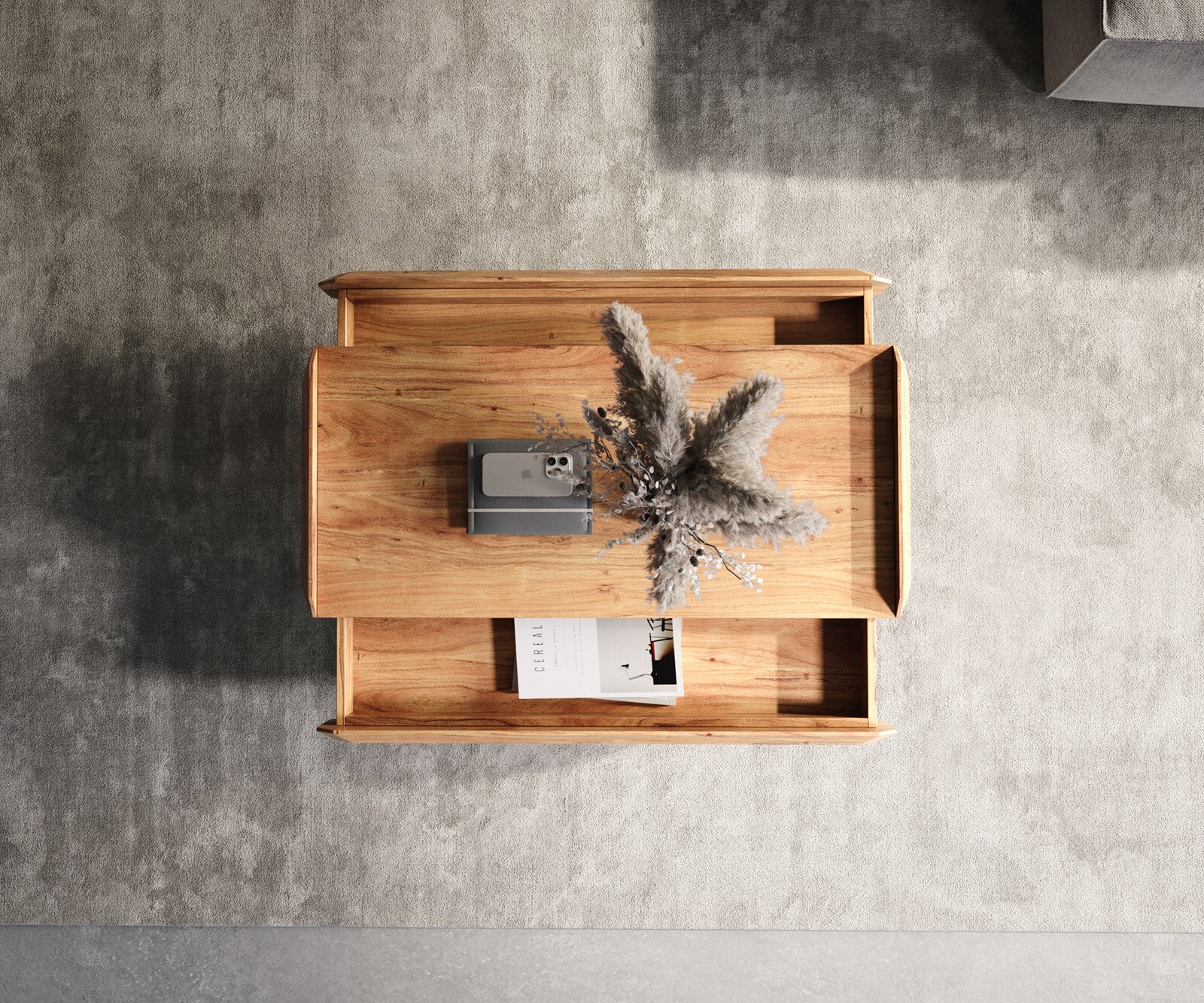 Table-basse Kiano 100x50 cm acacia naturel 2 tiroirs pied en V inoxydable 4