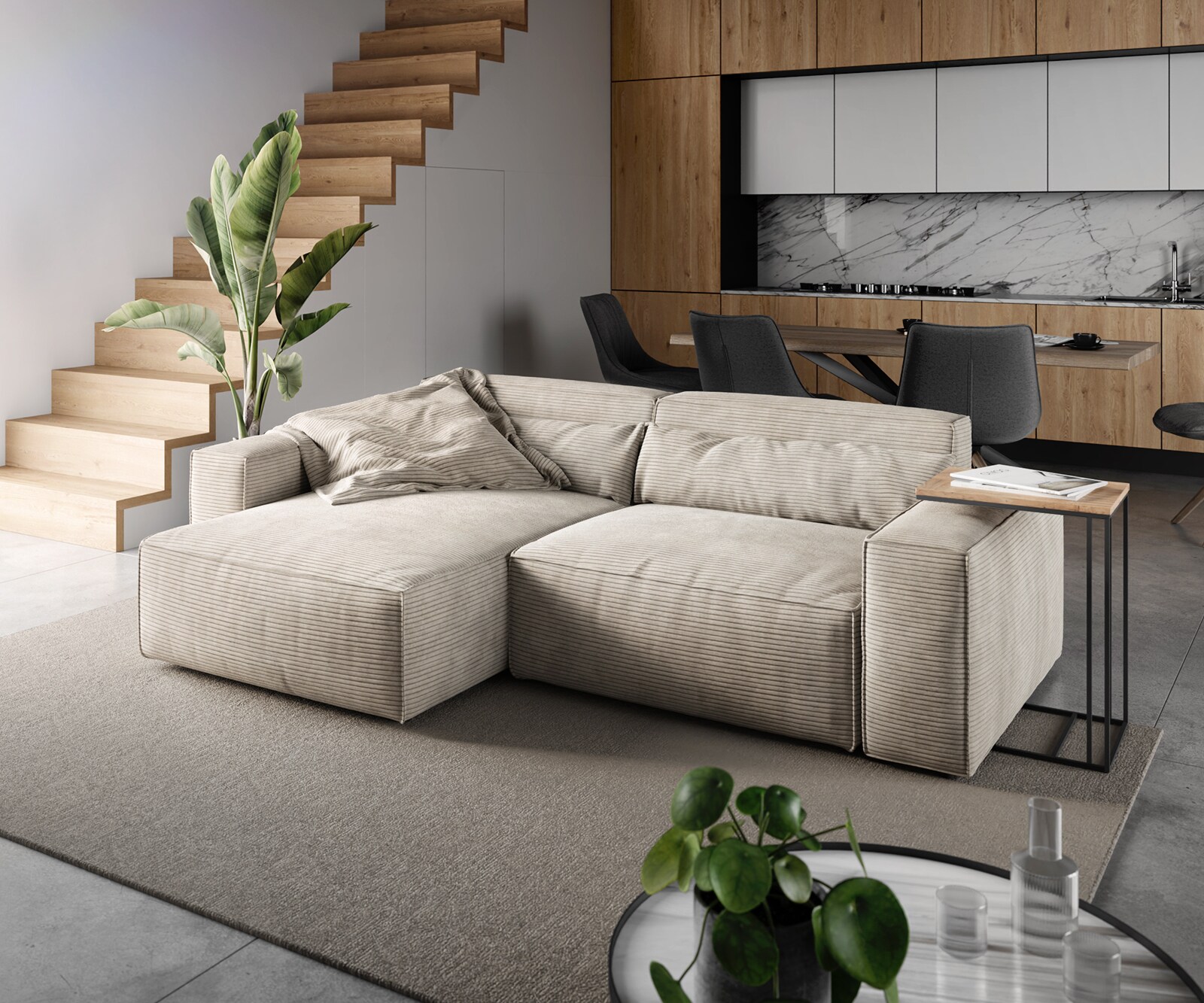 Canapé d'angle Sirpio 230x155 cm Velours côtelé Beige Recamiere variable