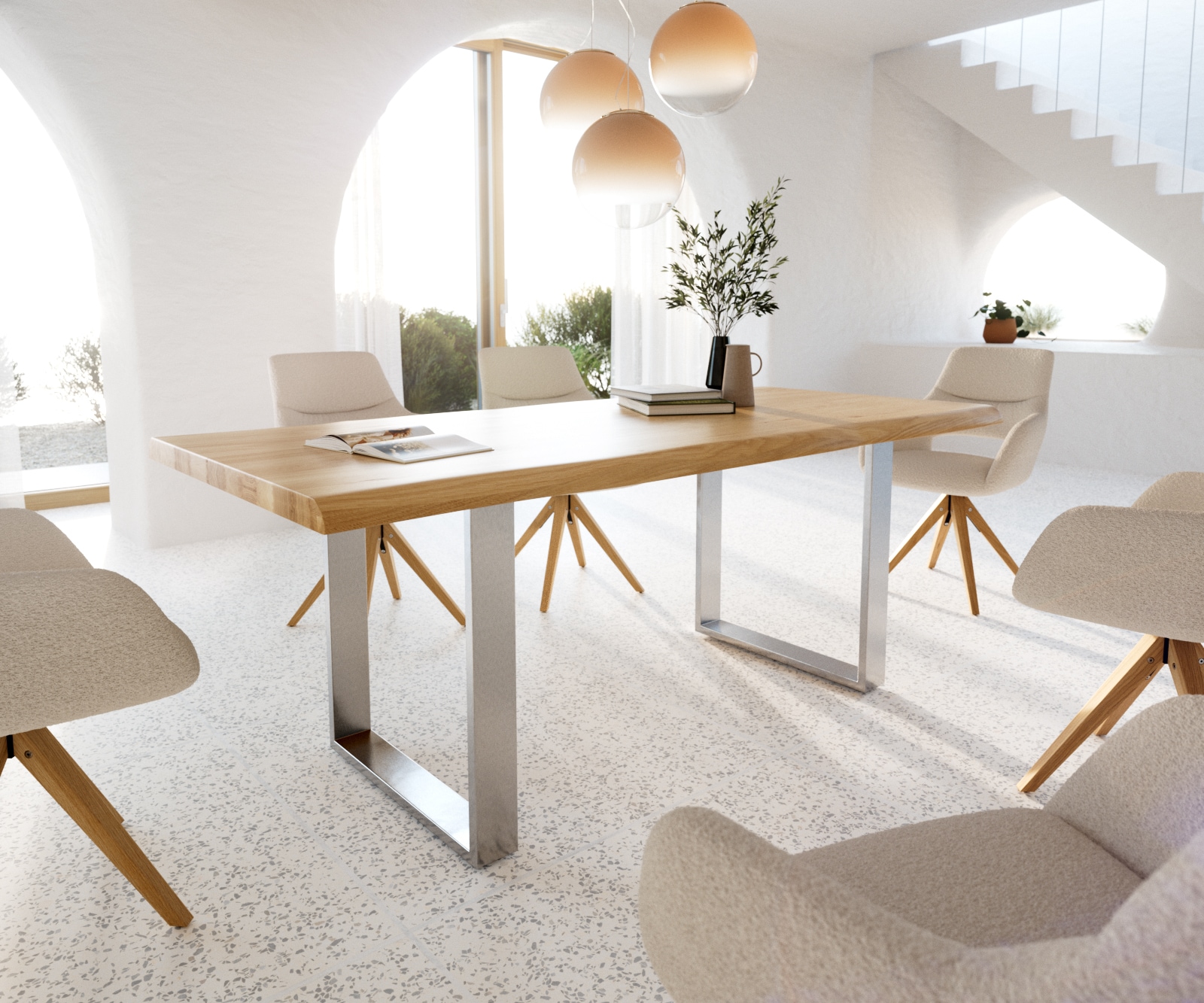 Table à manger Edge 200x100 chêne nature acier inoxydable mince Live-Edge Table à manger Edge 200x100 chêne nature acier inoxydable mince Live-Edge