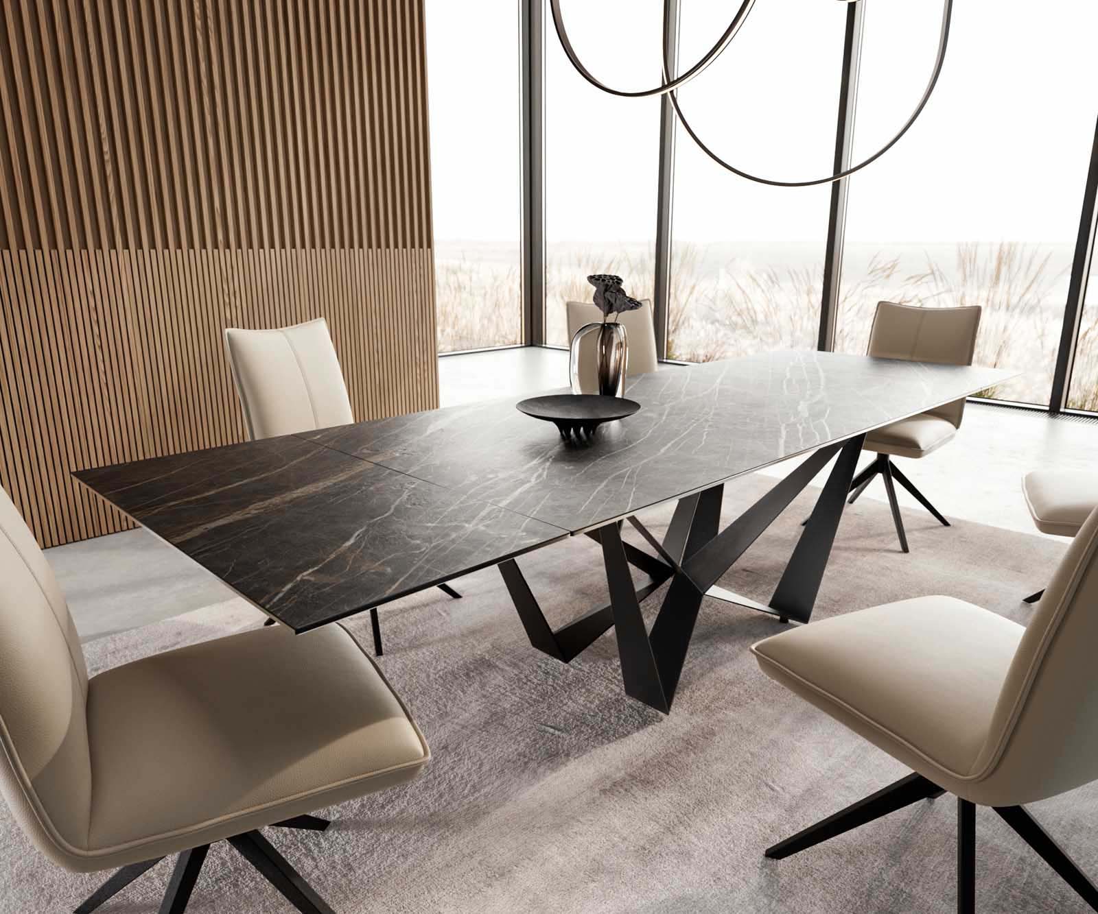 Table à manger Edge 200-300x100 céramique Laminam®Noir Desir marron Spider acier plat noir extensible 1