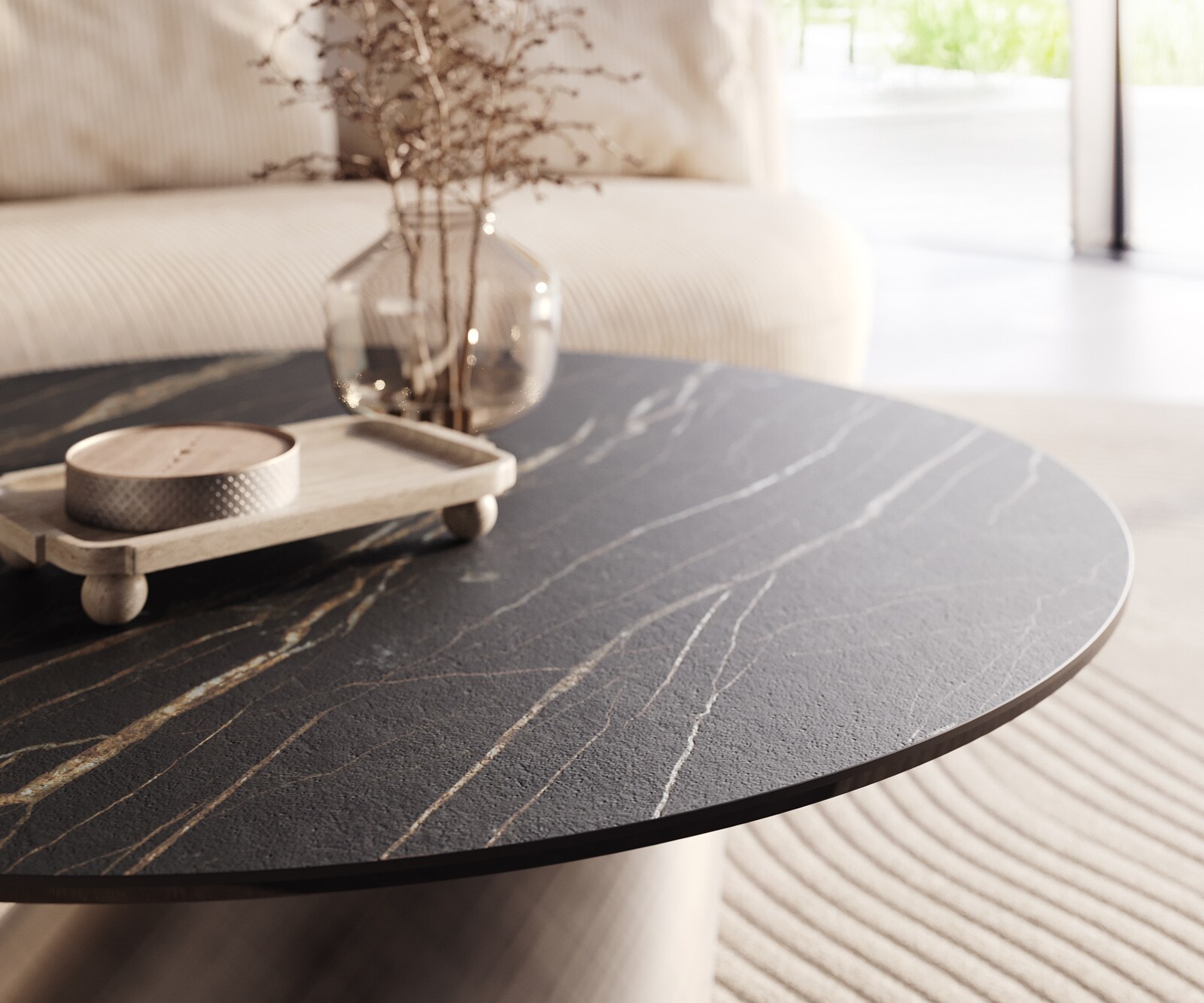 Table basse Edge rond 100x100 cm céramique Laminam® Noir Desir brun Conis argent métallique 3