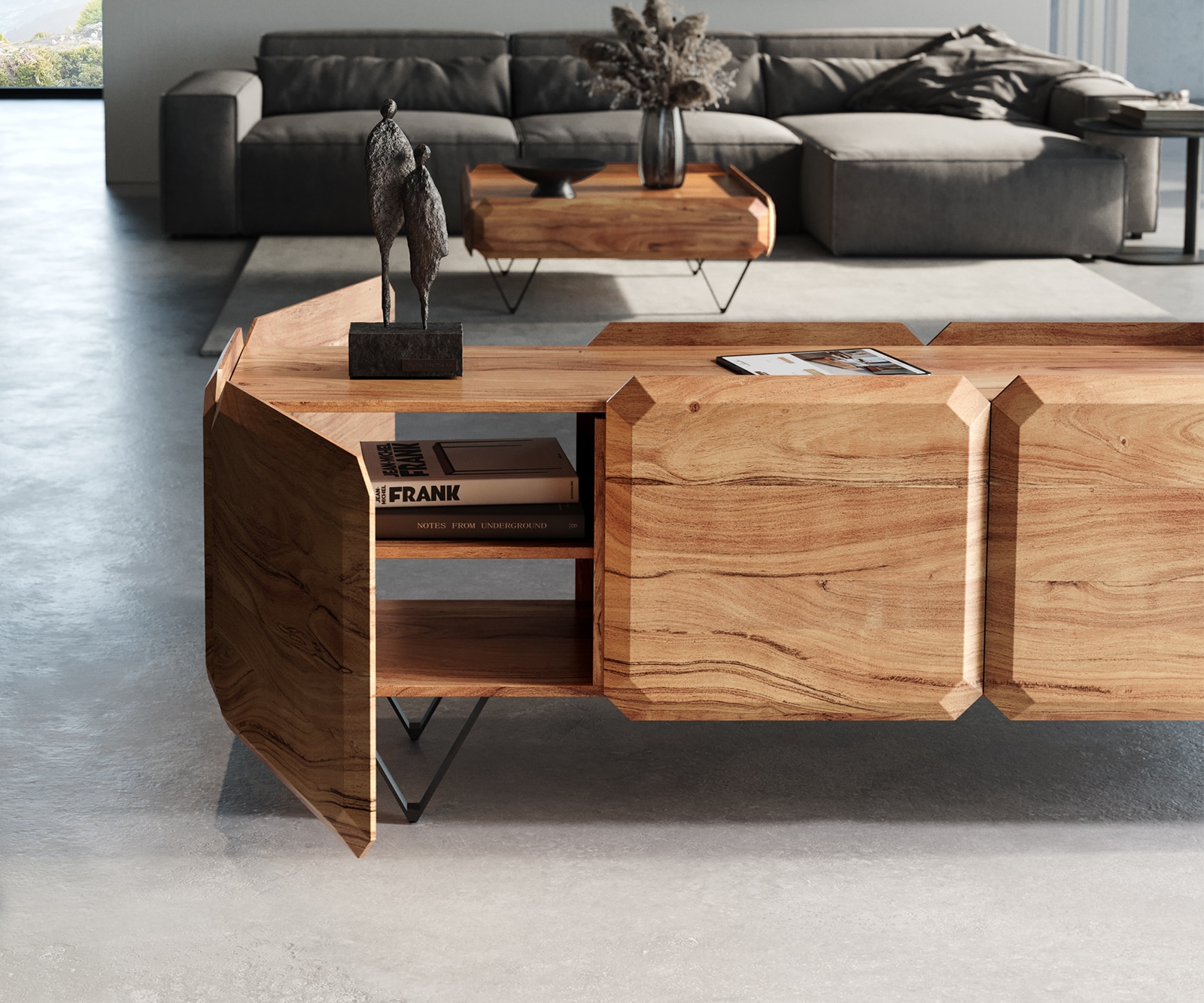 Meuble-bas Kiano 200 cm Acacia Nature 4 Portes Pied en V Noir Séparateur de pièce 4 Meuble-bas Kiano 200 cm Acacia Nature 4 Portes Pied en V Noir Séparateur de pièce 4