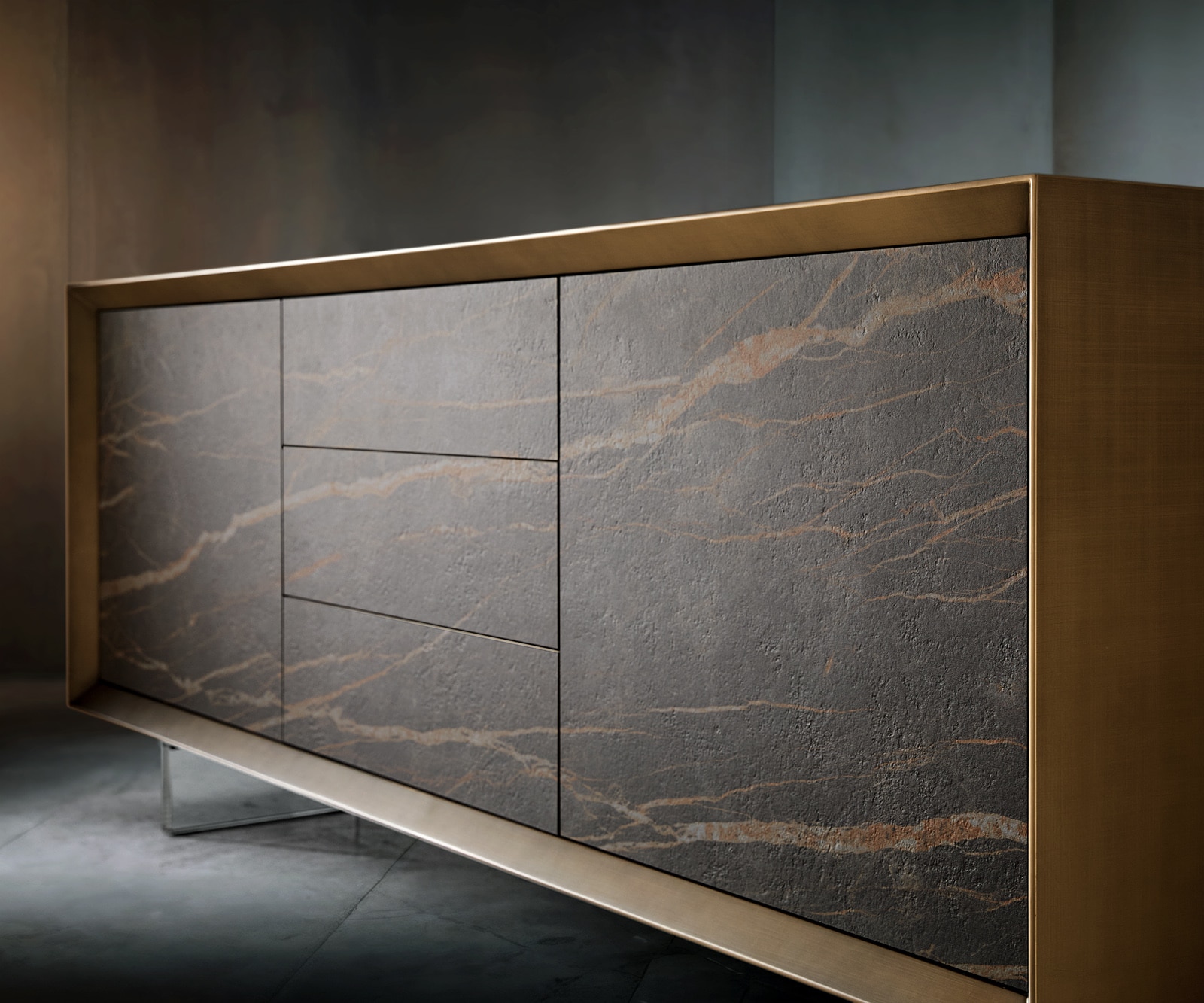 Buffet Yori 200 cm Or métallisé 2 portes 3 tiroirs Pied acrylique Céramique Laminam®Noir Desir Marron 2