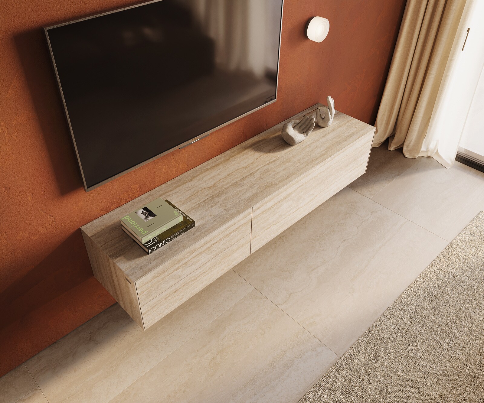 Meuble-TV Cuor 180 cm Céramique Laminam® Travertino Bianco Crème-blanc 1 Clapet 2 Tiroirs Flottant 4