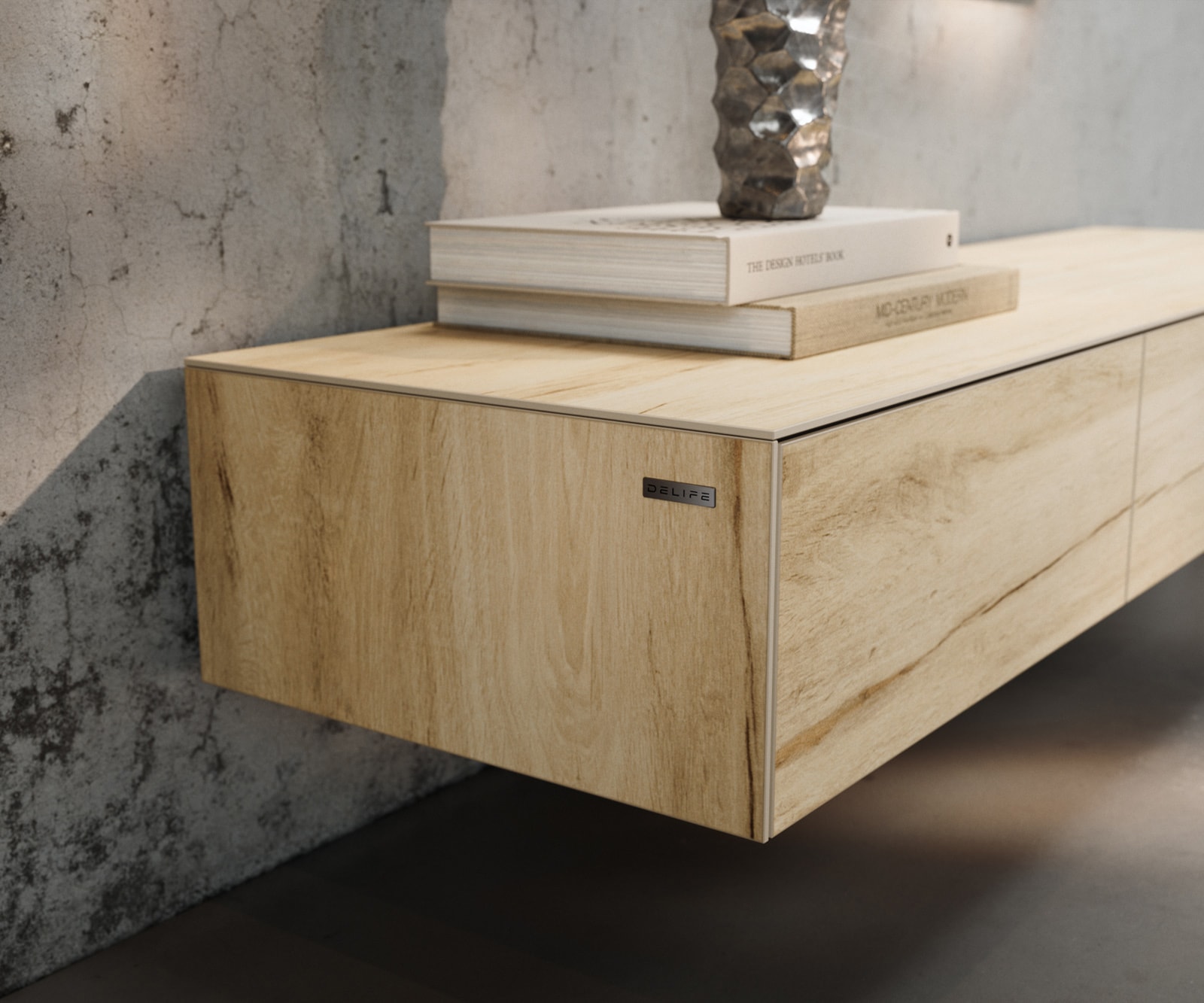 Meuble-TV Cuor 150 cm Céramique Laminam® Sabbia Teinte chêne 1 Clapet 1 Tiroir Pied optique flottant Ancier inoxydable 6