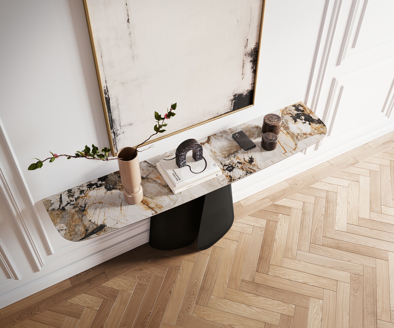 Console Edge forme bateau 180x40 cm Céramique Patagonia Poliert Livos Métal Noir 4