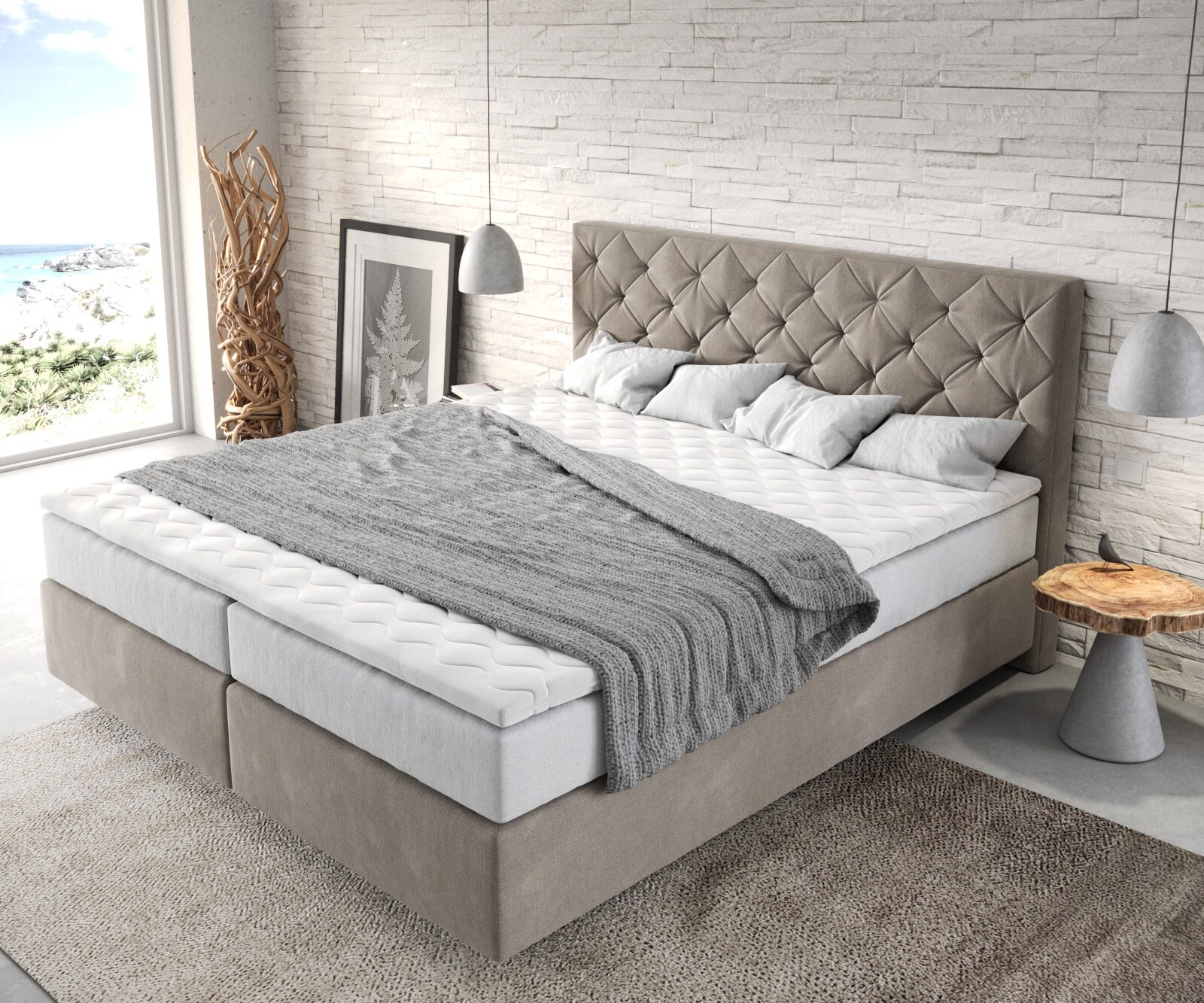 Lit-à-sommier-tapissier Dream-Great 180x200 cm Microfibre Beige avec matelas TFK et surmatelas viscoélastique 3