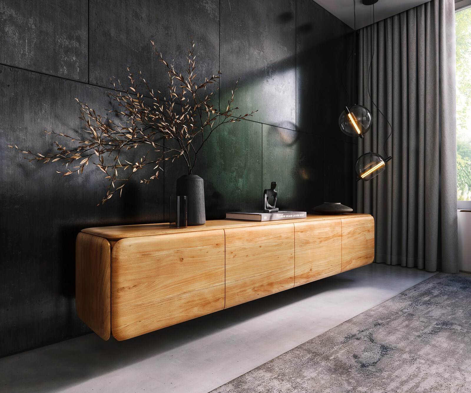 Meuble-TV Shavani 220 cm acacia naturel 4 portes flottantes