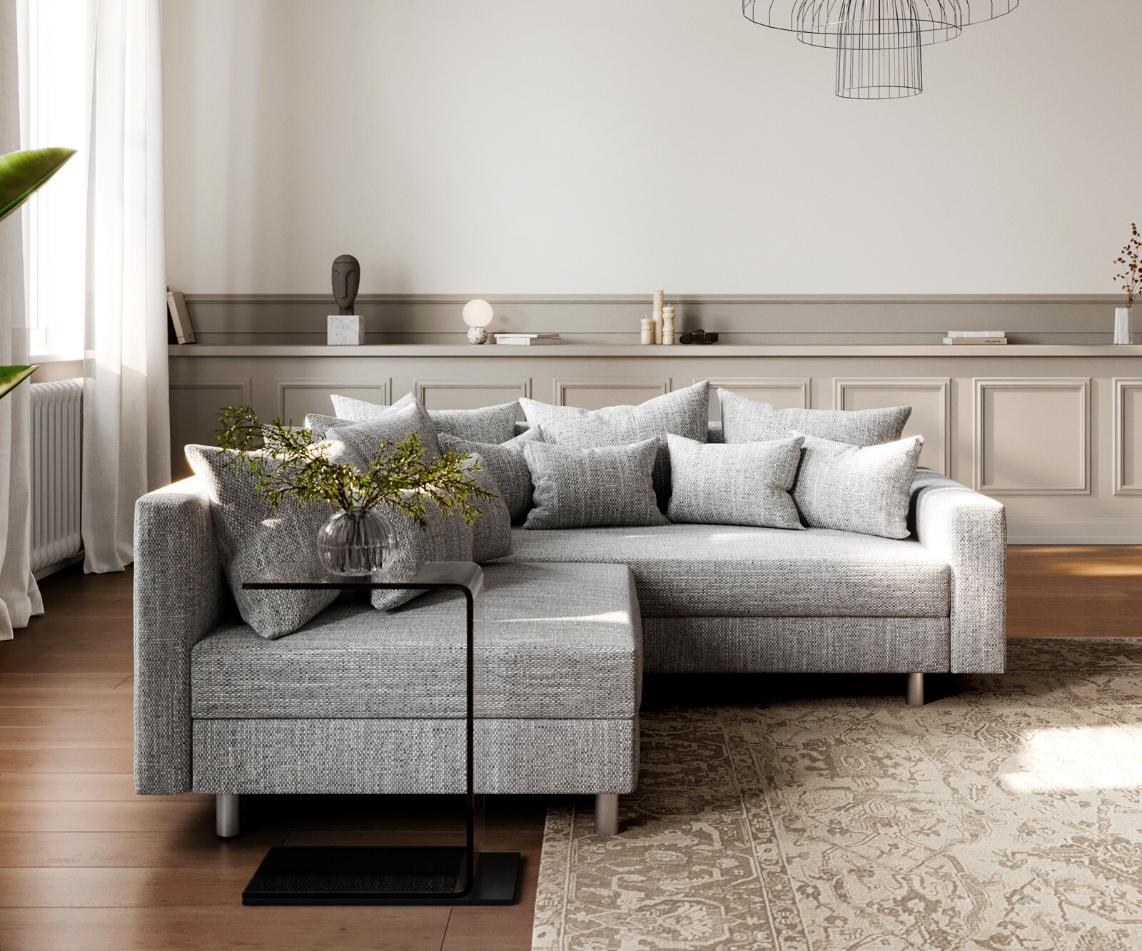 Canapé d'angle Clovis tissu structuré gris clair accoudoir ottoman droite 1 Canapé d'angle Clovis tissu structuré gris clair accoudoir ottoman droite 1