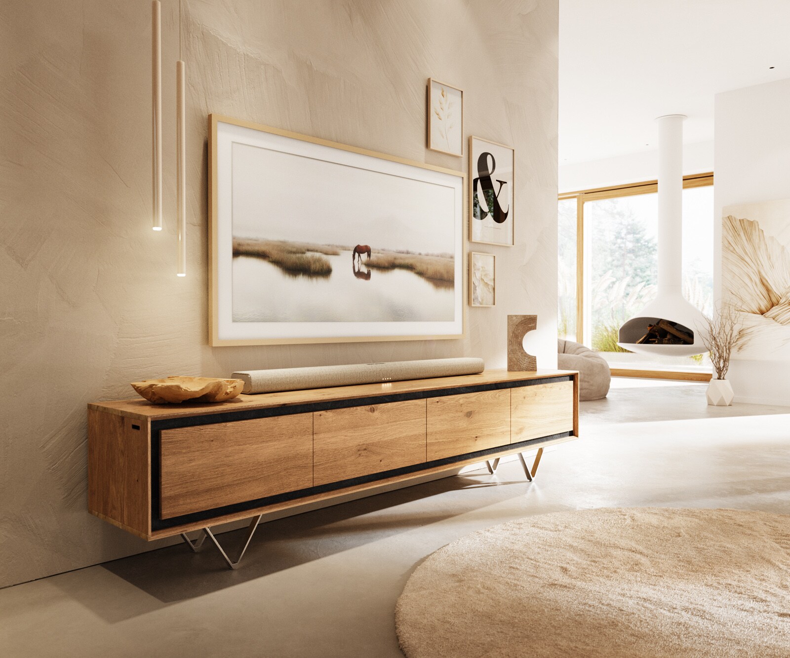 Meuble-TV Stonegrace 200 cm chêne naturel 4 portes placage pierre pied en V inoxydable