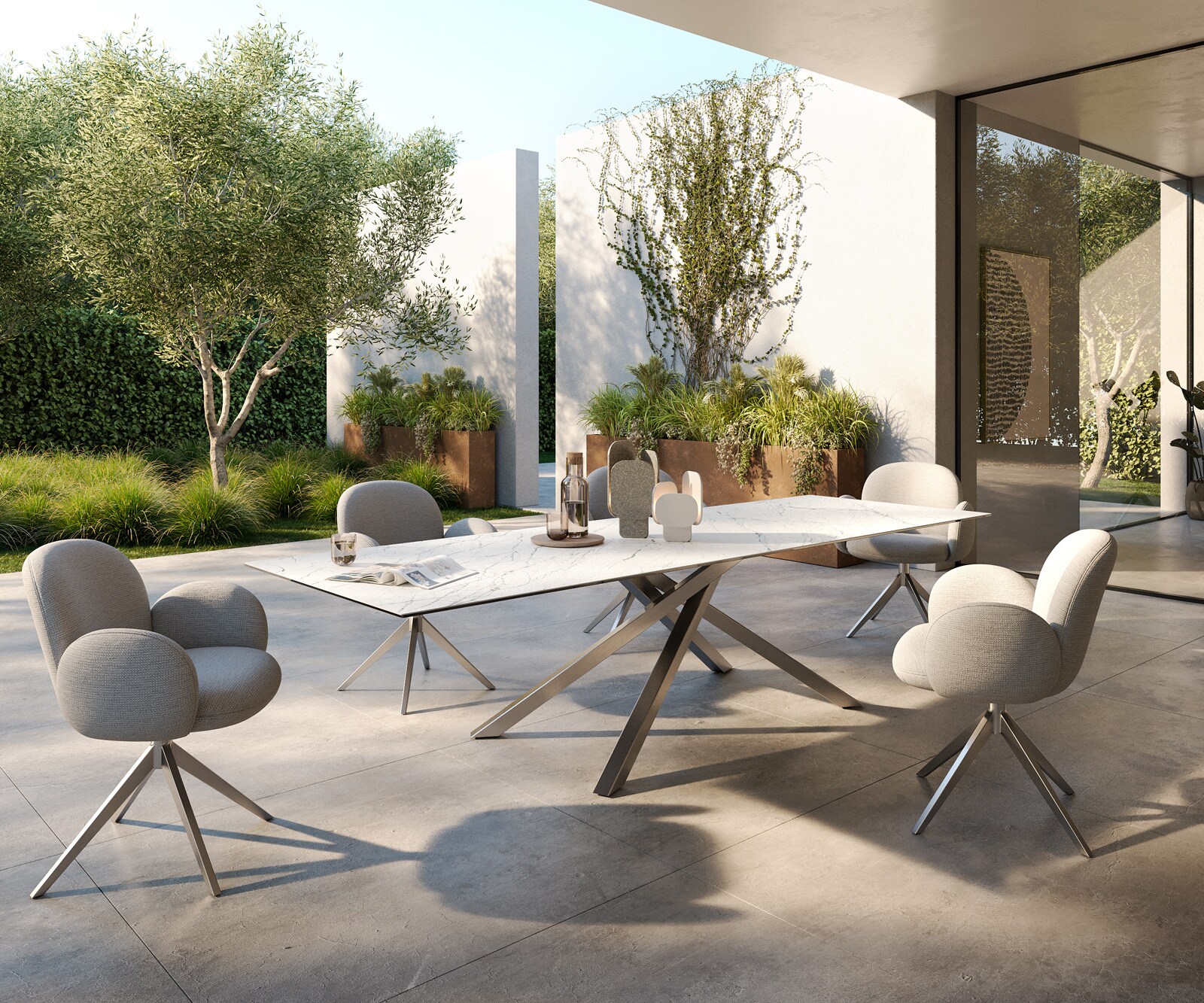 Table d’extérieur Edge 300x100 cm céramique Laminam® Statuarietto blanc piètement croisé rectangulaire en acier inoxydable 5