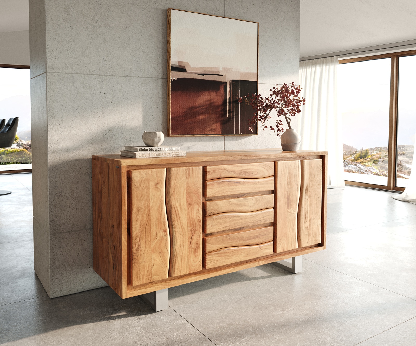 Commode Live-Edge 147 cm acacia nature 3 tiroirs 2 portes Commode Live-Edge 147 cm acacia nature 3 tiroirs 2 portes