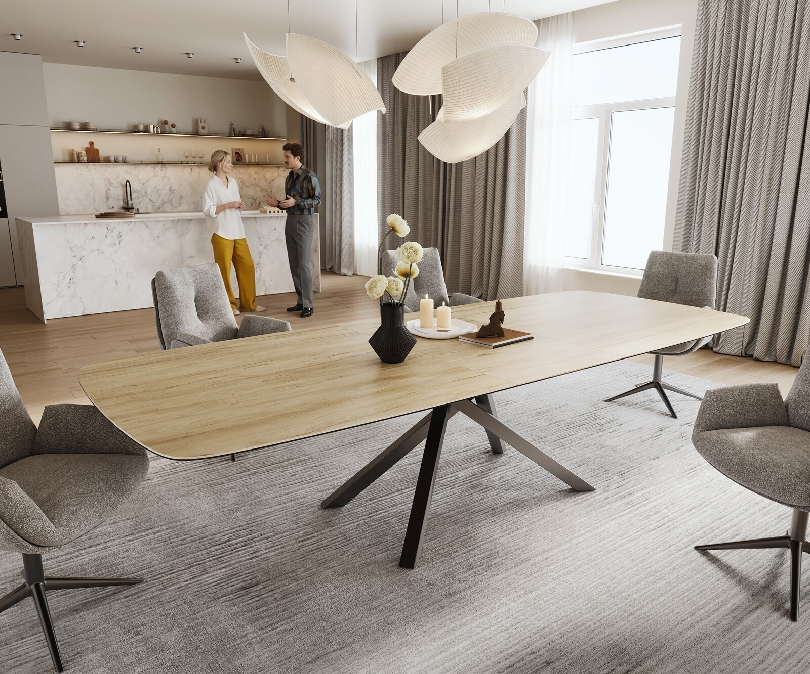Table à manger Edge Boot 240-300x120 cm Céramique Laminam® Sabbia Eichefarbig piètement en croix Rectangle Acier inoxydable Graphite extensible 1