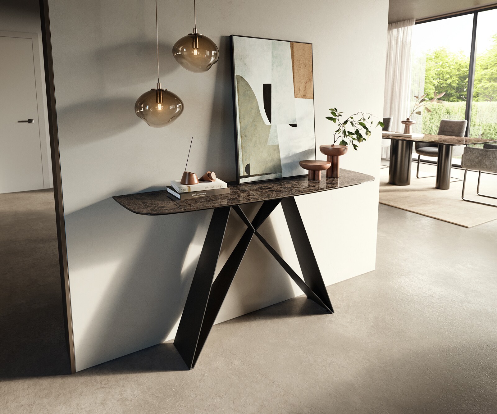 Console Edge forme bateau 140x40 cm Céramique Emperador Extra Lucidato Dunkelbraun Velio Métal Noir 3