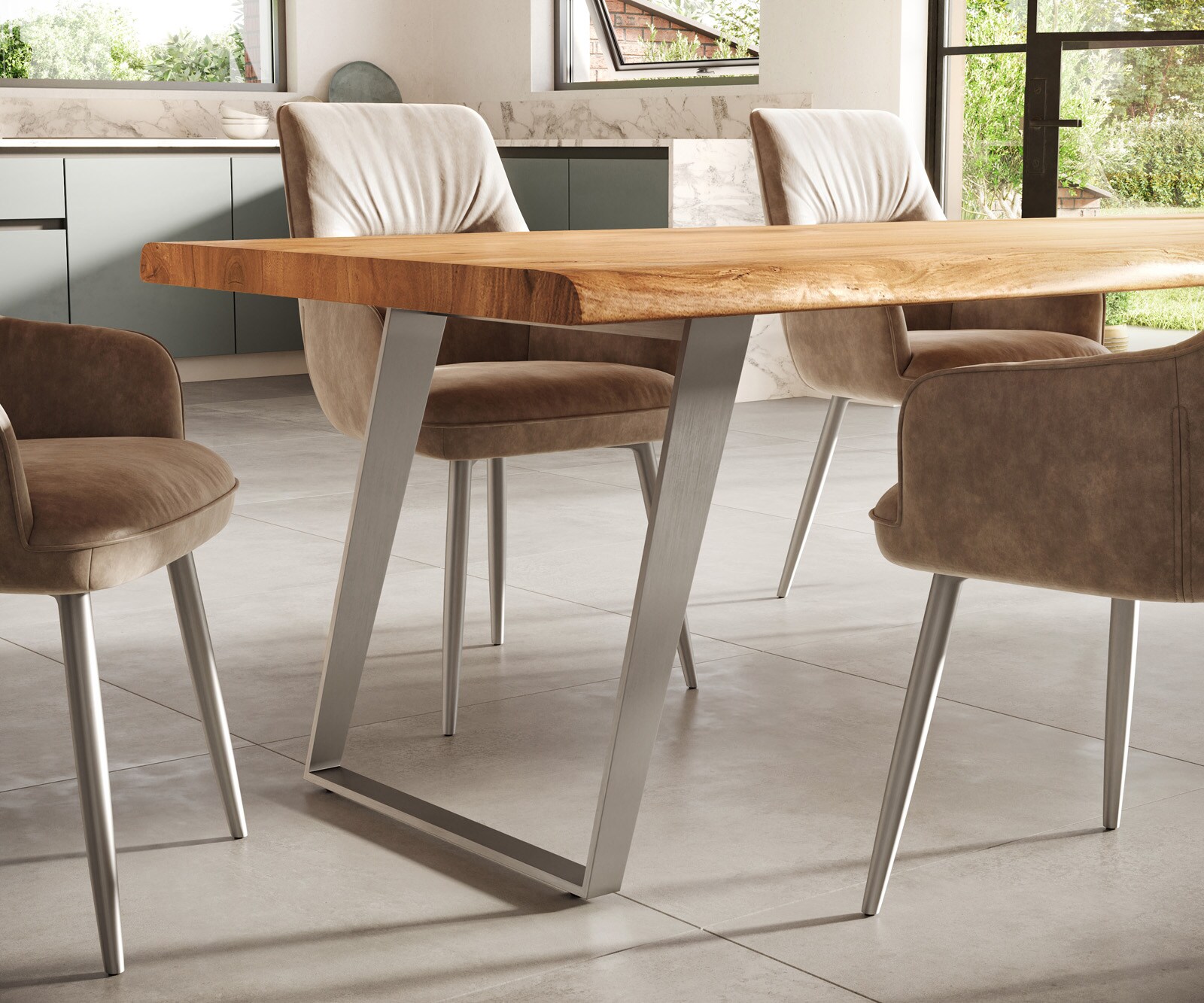 Table-à-manger Edge 300x100cm XL acacia nature acier inoxydable argent incliné Live-Edge 6