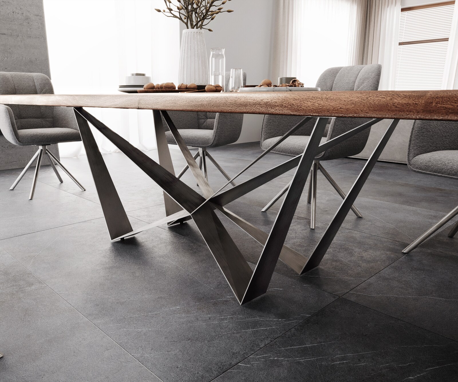 Table à manger Edge 300x100 XL acacia marron Spider acier plat acier inoxydable Live-Edge 7