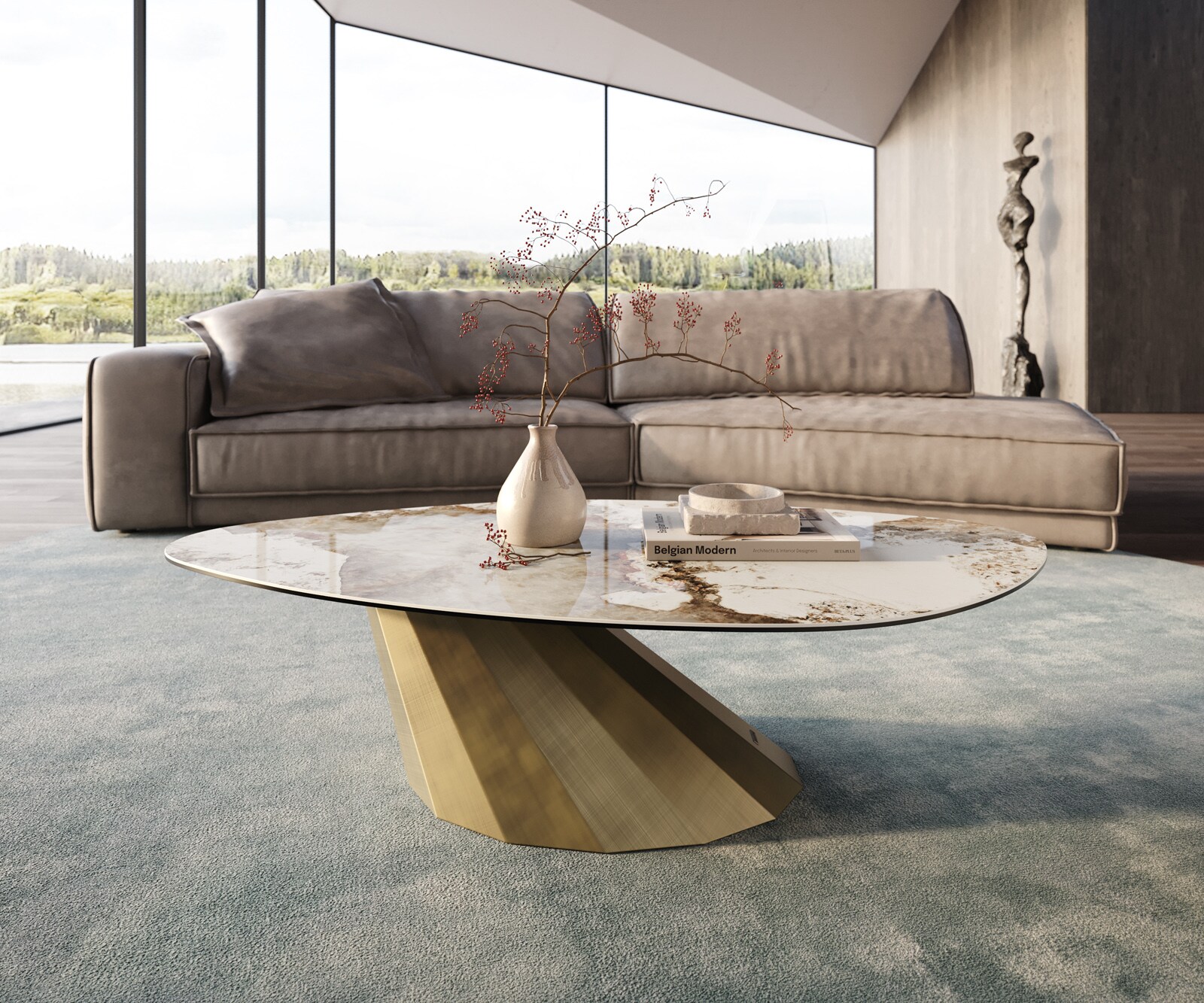 Table basse Edge Organique 140x76 cm céramique Minas Melange Parabi doré métallique