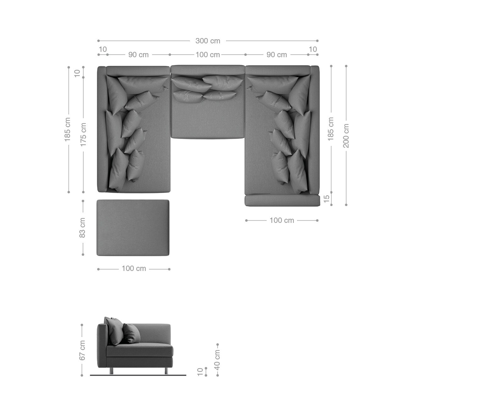Canapé panoramqiue Clovis blanc noir avec tabouret et accoudoirs  10