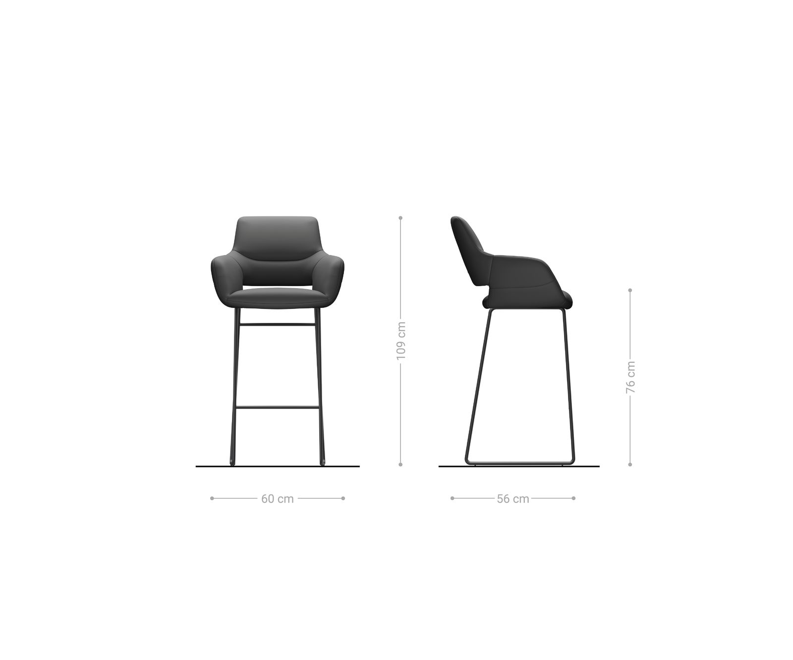Chaise-de-bar Yago-Flex cuir véritable noir piètement traîneau métal noir ressorts ensachés 6