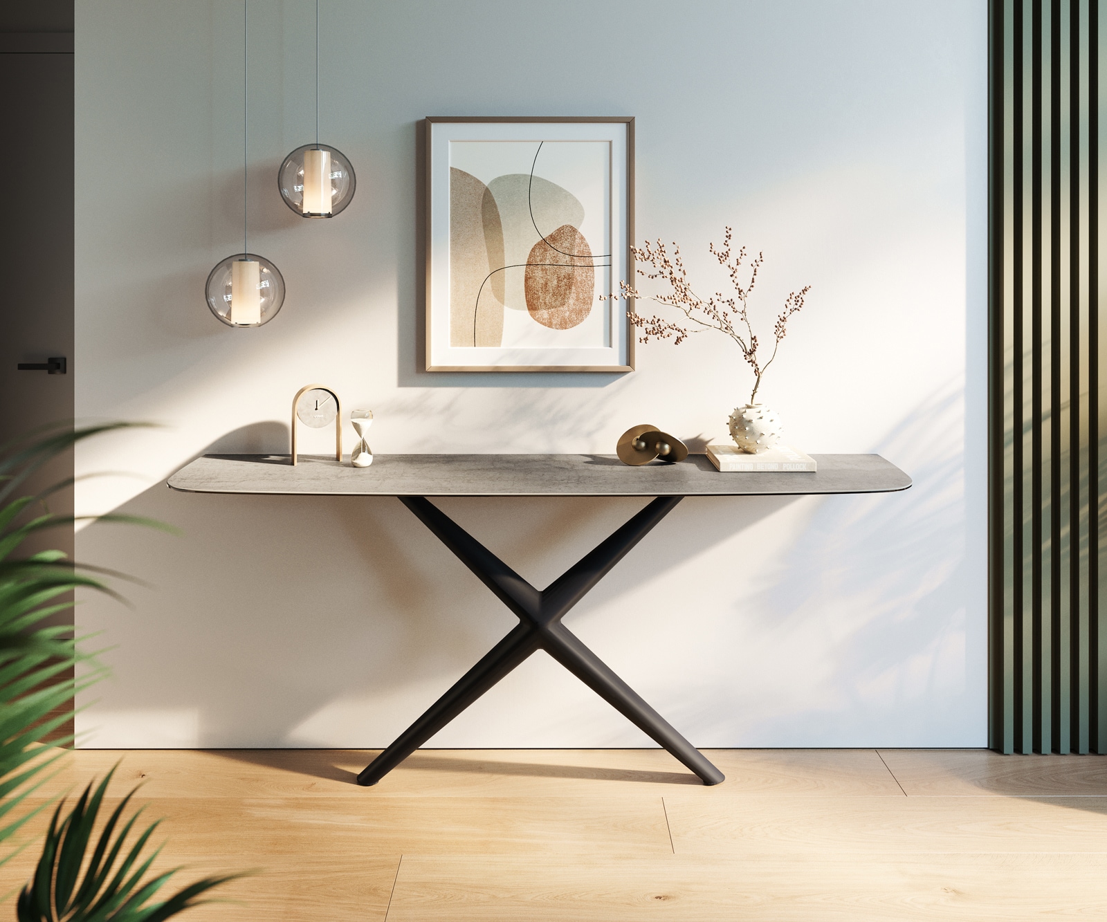 Console Edge forme bateau 180x40 cm Céramique Gris béton Estelo Métal Noir