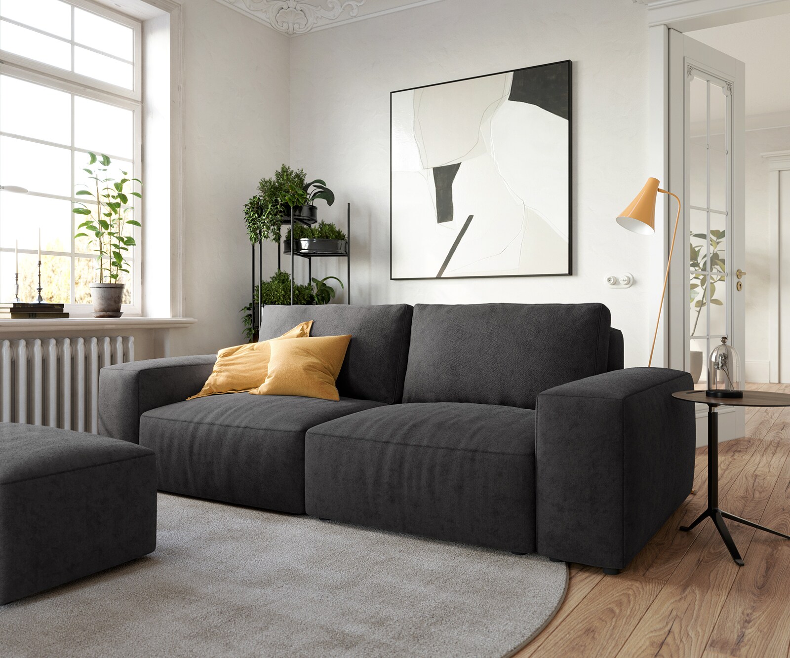 Big canapé Lanzo 230x95 cm microfibre noir avec pouf 1