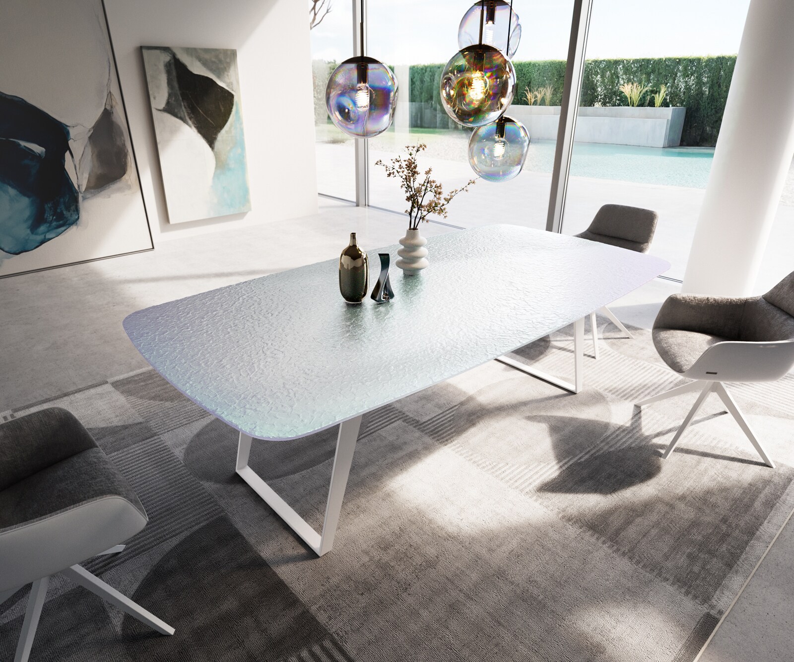 Table à manger Edge Boot 240x120 cm Reliefglas Nacre 3D-Design Métal Oblique Blanc 1