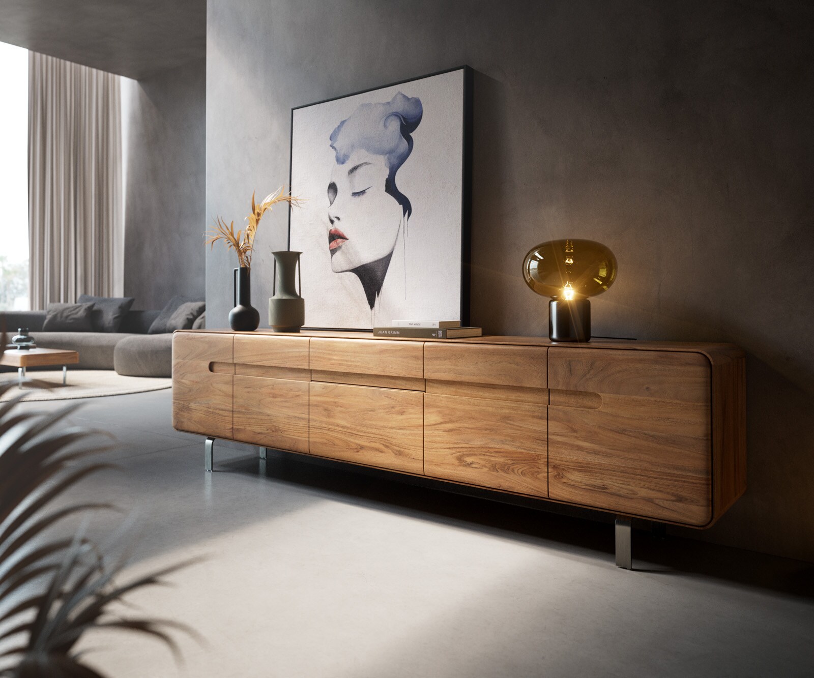 Meuble-TV Anaya 220 cm acacia naturel 4 portes 2 tiroirs pied en L inoxydable 1