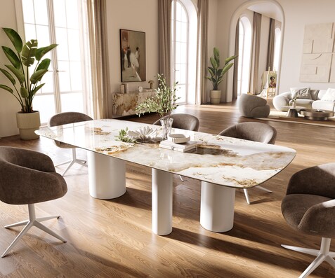 Table à manger Edge Boot 260x120 cm Céramique Minas Melange Blanc-Beige Troa Métal Blanc