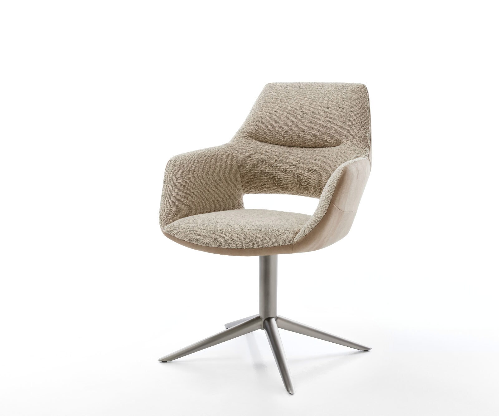 Chaise-pivotante Yago-Flex avec accoudoirs tissu mixte couleur boue pied de chaise 4 branches acier inoxydable brossé pivotement sur 360° fonction bascule ressorts ensachés 1