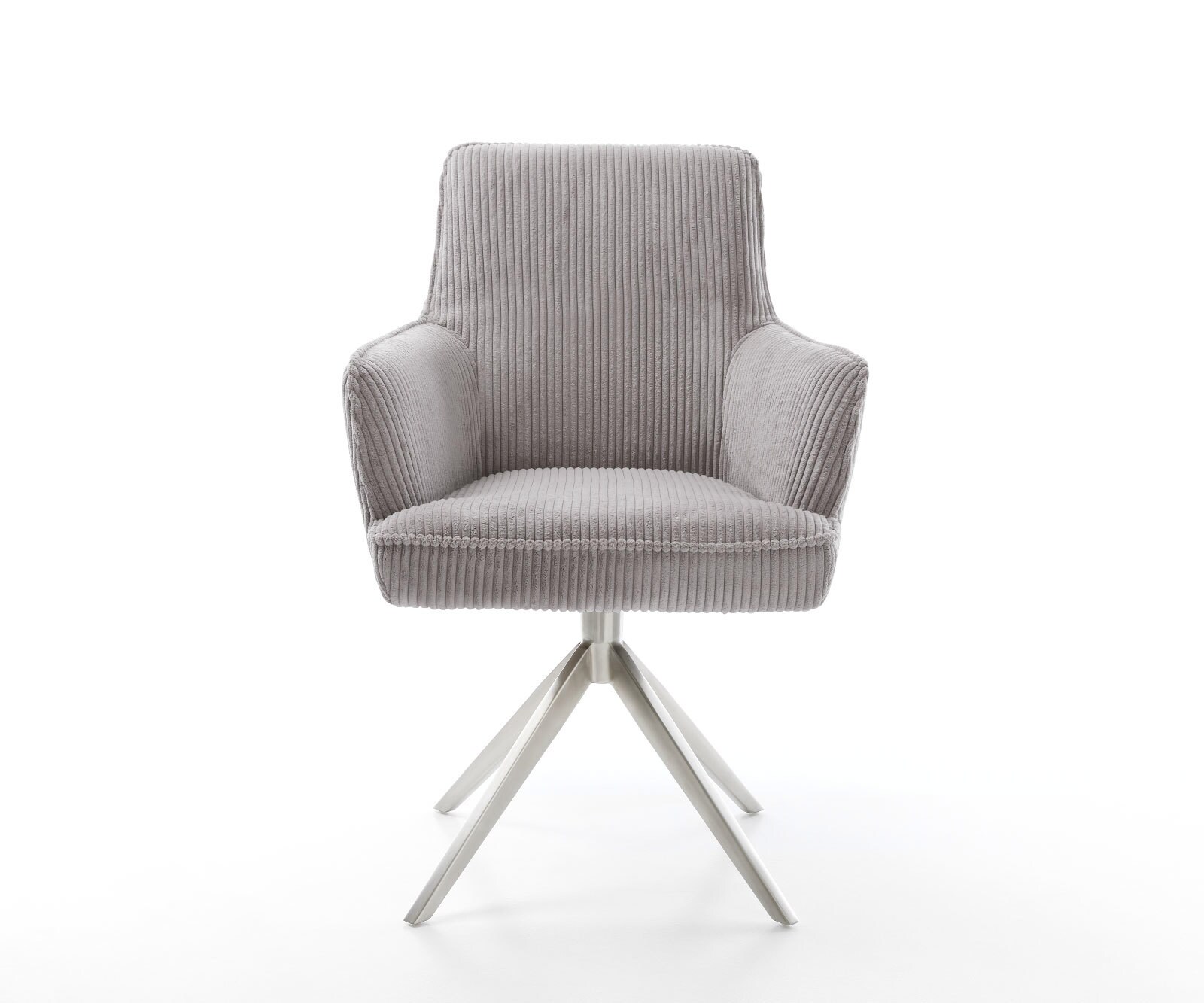 Chaise-pivotante Heira-Flex avec accoudoirs côtelé gris argenté pied croisé large acier inoxydable brossé pivotement sur 360° ressorts ensachés 2