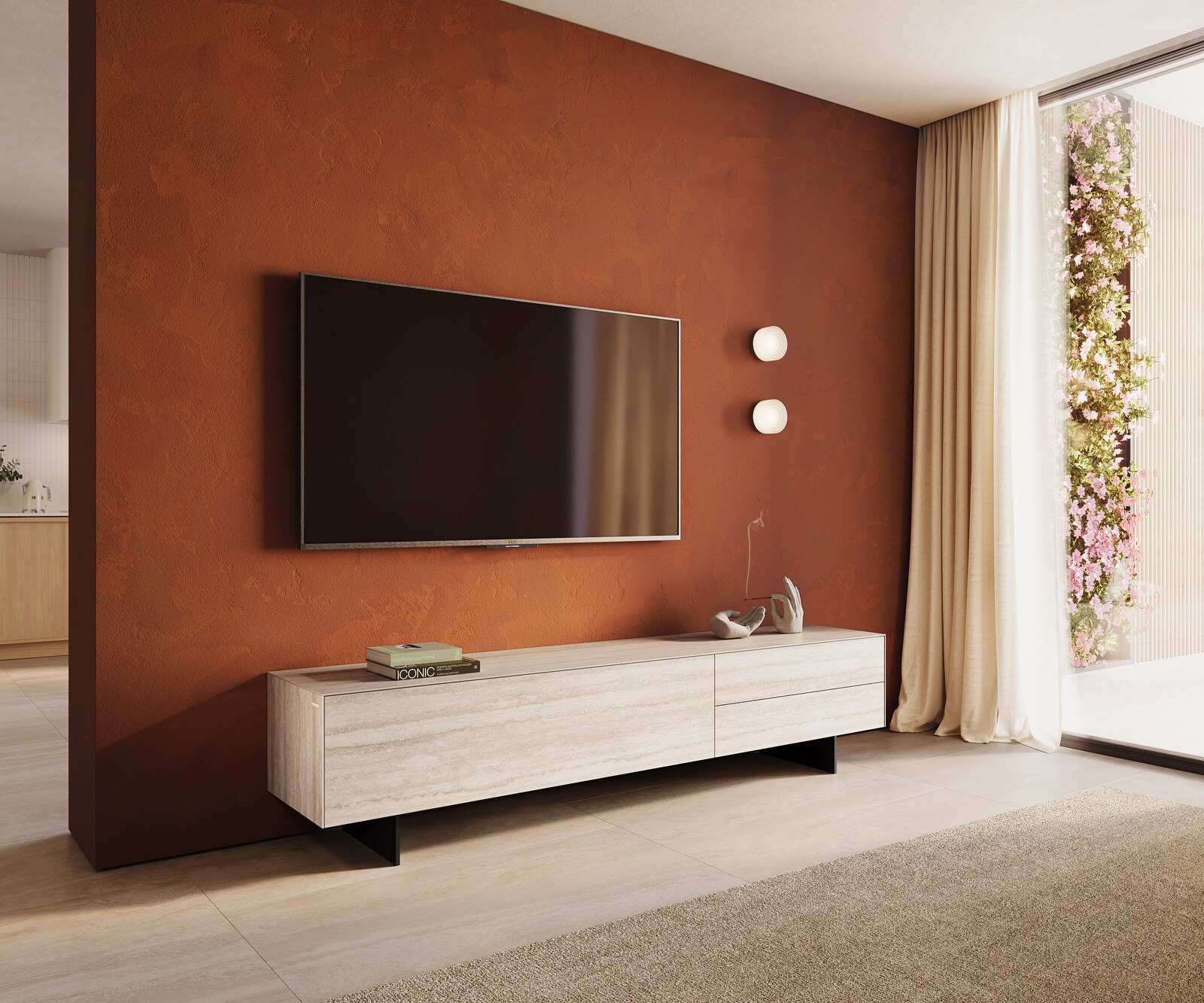 Meuble-TV Cuor 220 cm Céramique Laminam® Travertino Bianco Crème-blanc 1 Clapet 2 Tiroirs Pied optique flottant Métal Noir 1
