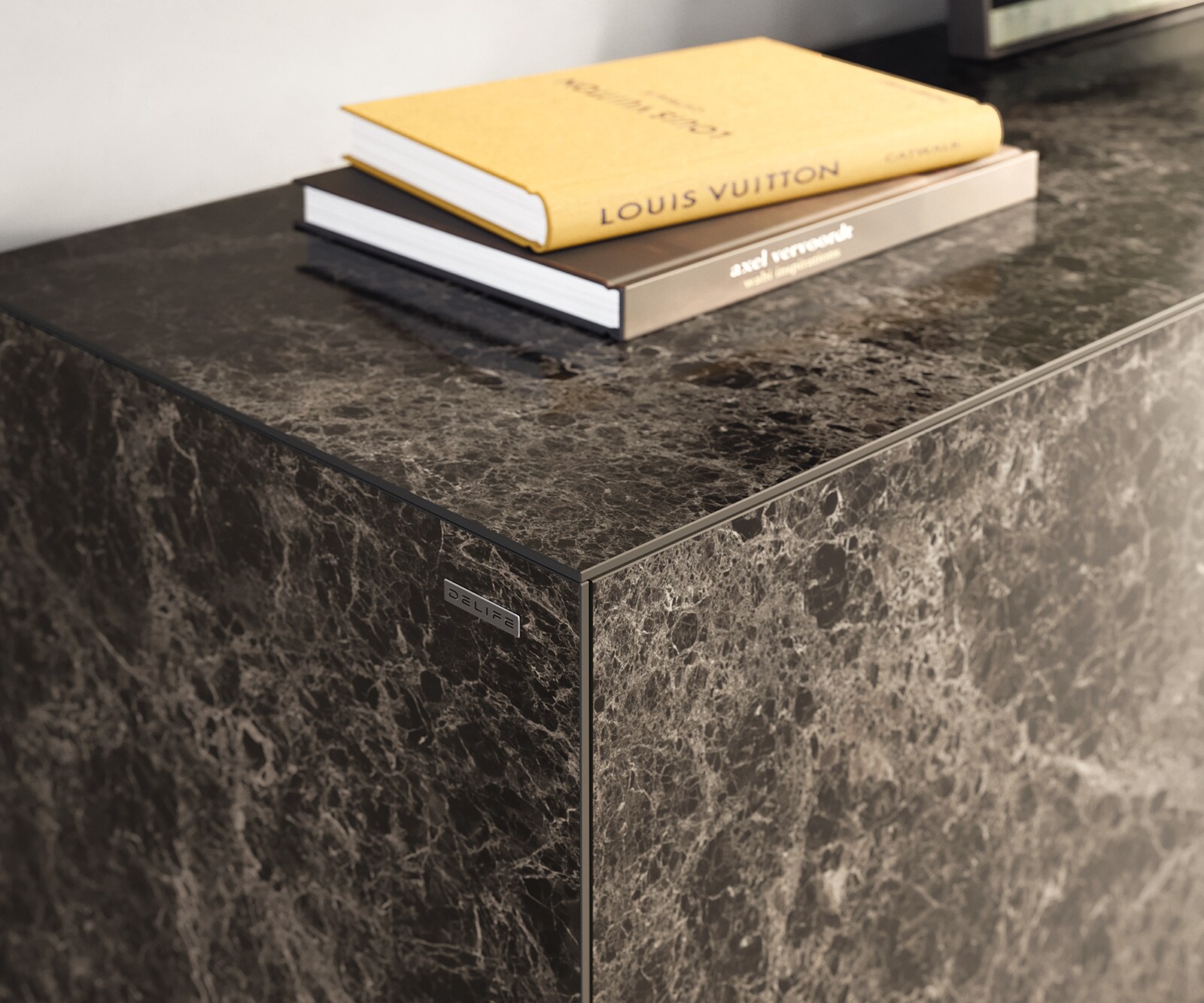 Buffet Cuor 150 cm Céramique Emperador Extra Lucidato brun foncé 3 Portes Pied optique flottant Métal Noir 6