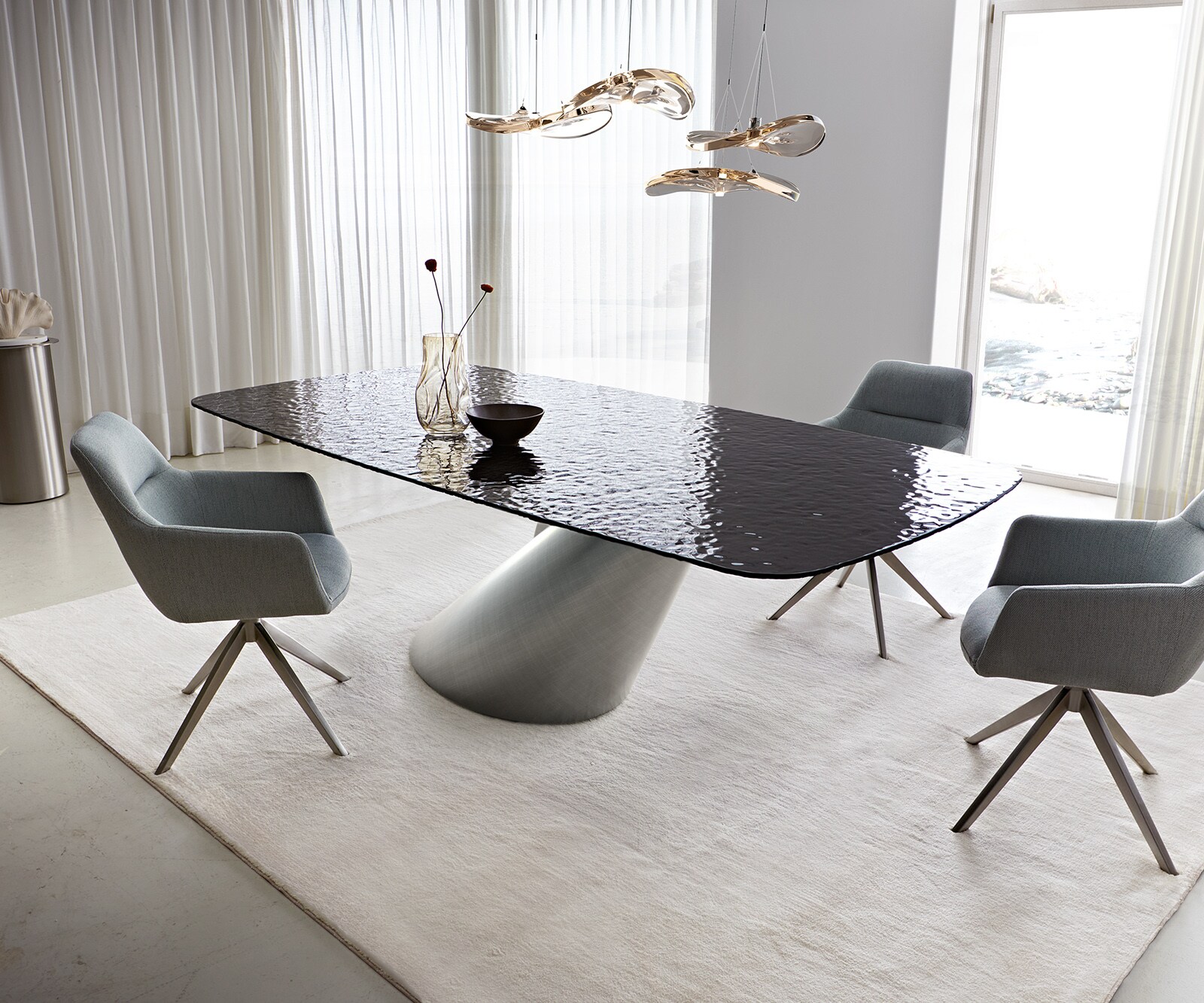 Table à manger Edge Boot 240x120 verre en relief noir 3D-Design Cono métallique argent 2