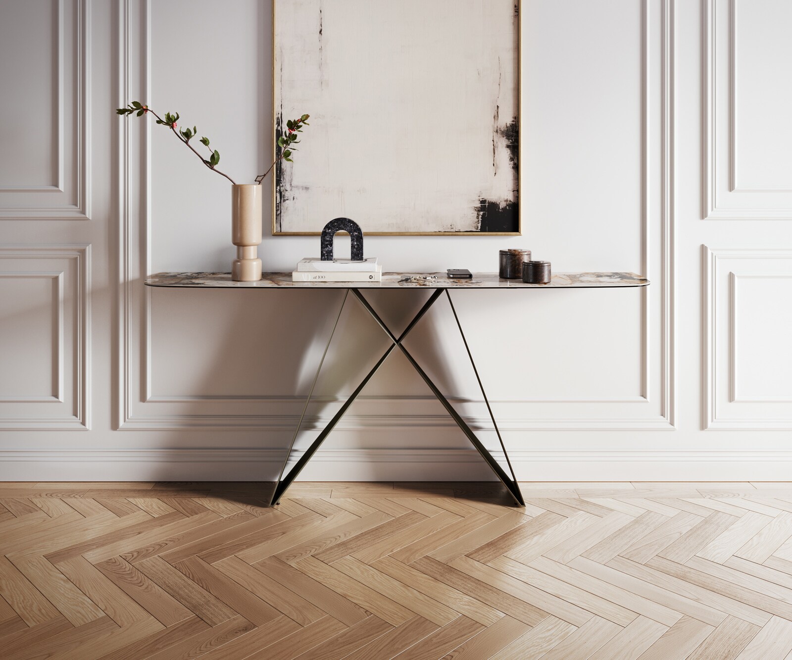 Console Edge forme bateau 180x40 cm Céramique Patagonia Poliert Velio Métal Effektfinish Titan 2