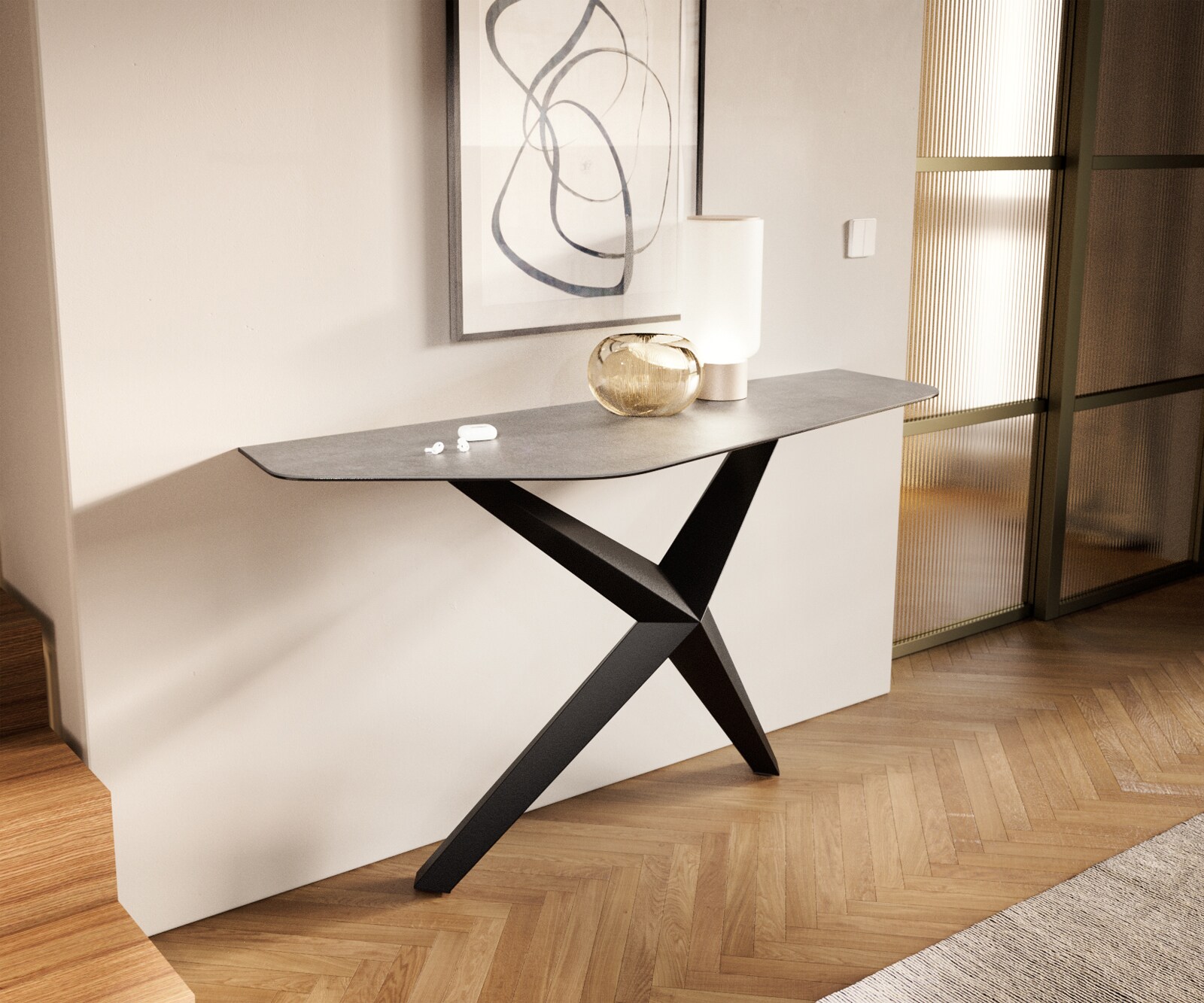 Console Edge Polygonal 140x50 cm Céramique Gris béton Zentharo Métal Noir