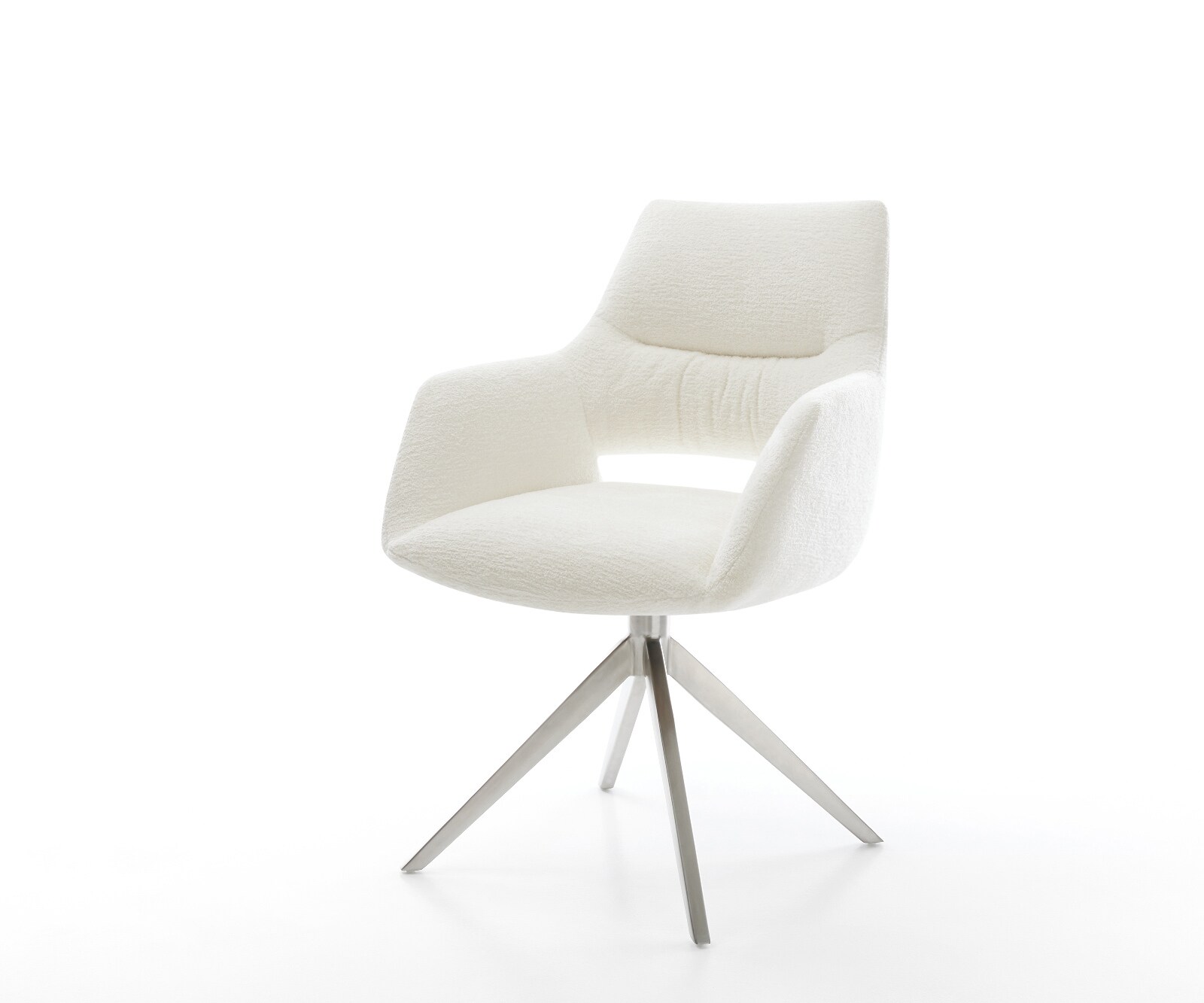 Chaise-pivotante Yago-Flex avec accoudoirs bouclé doux beige pied croisé large acier inoxydable pivotement sur 360° fonction bascule resorts ensachés 1