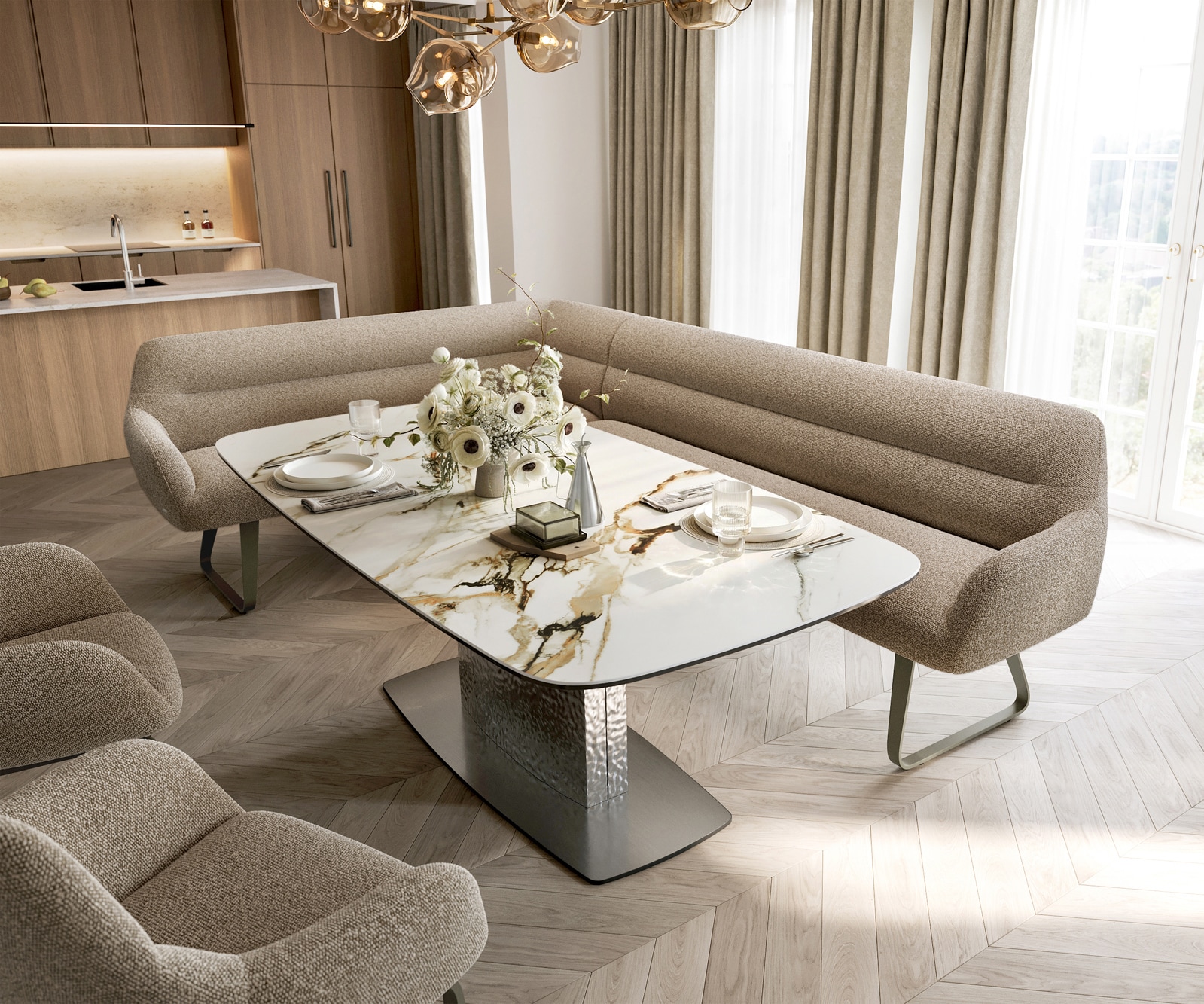 Banc-de-salle-à-manger Taya-Flex 285x190 cm bouclé boue châssis à patins plat titane ressort ensaché à droite 1