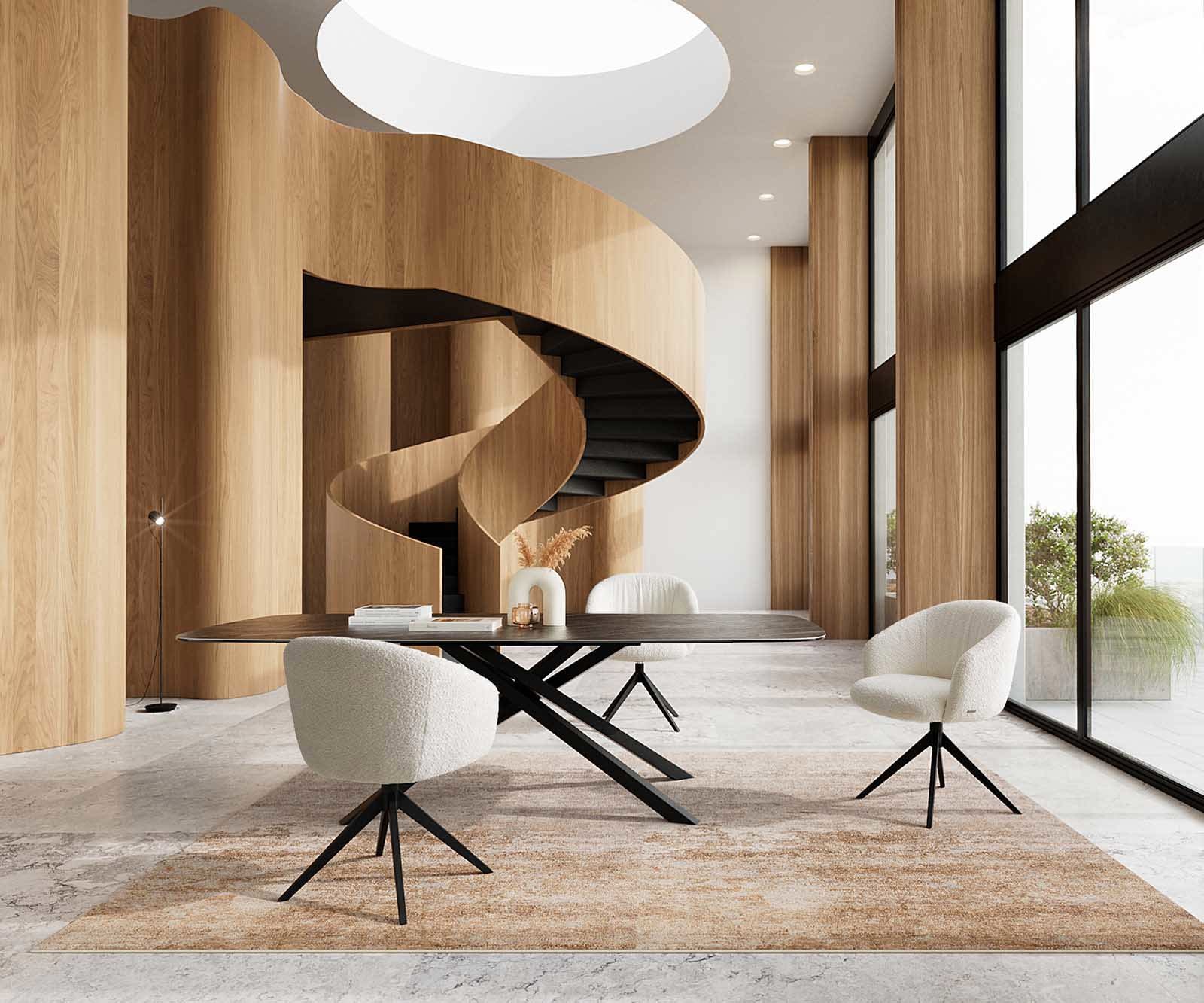 Chaise-pivotante Caja-Flex avec accoudoirs bouclé blanc pied croisé large noir pivotement sur 360° ressorts ensachés 5 Chaise-pivotante Caja-Flex avec accoudoirs bouclé blanc pied croisé large noir pivotement sur 360° ressorts ensachés 5