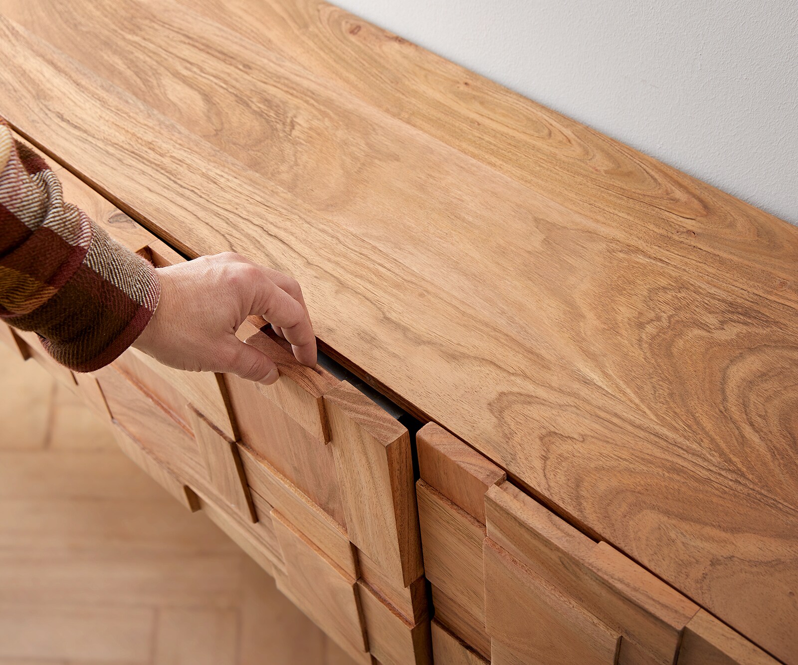 Buffet Puzzle 175 cm acacia naturel 3 portes pied équerre inox 4