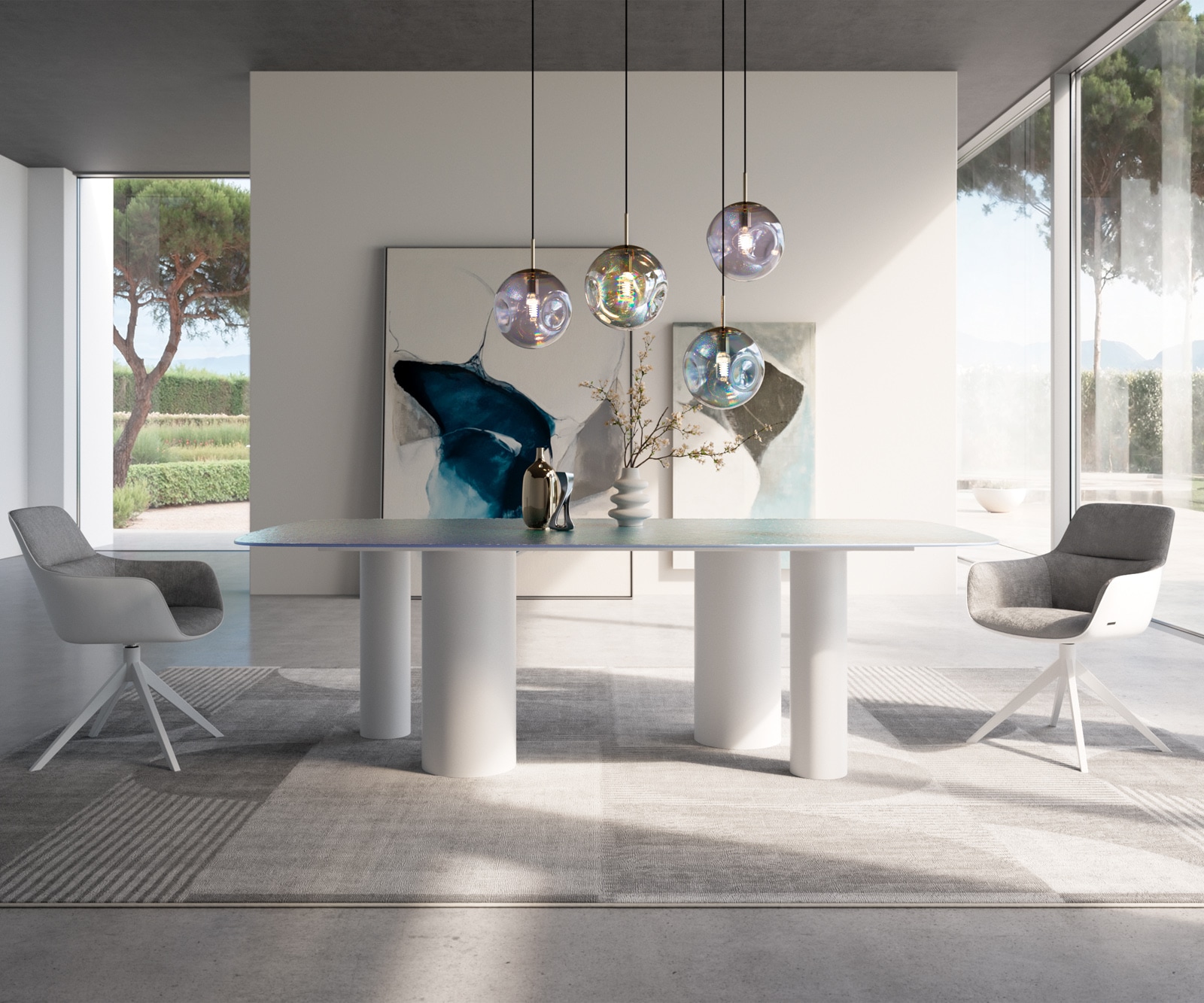 Table à manger Edge Boot 240x120 verre en relief Perlmutt 3D-Design Pilier métal blanc