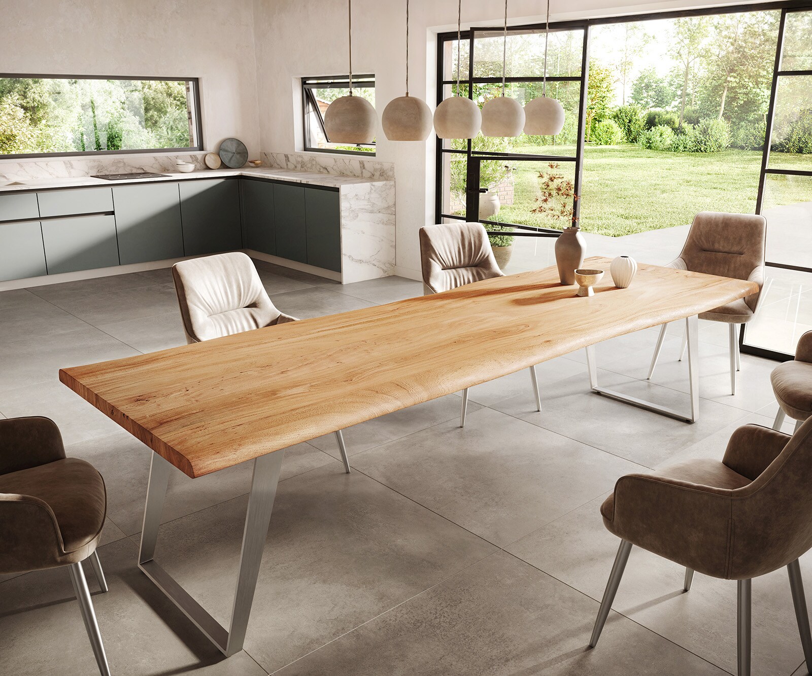 Table-à-manger Edge 300x100cm acacia nature acier inoxydable argent incliné Live-Edge 1